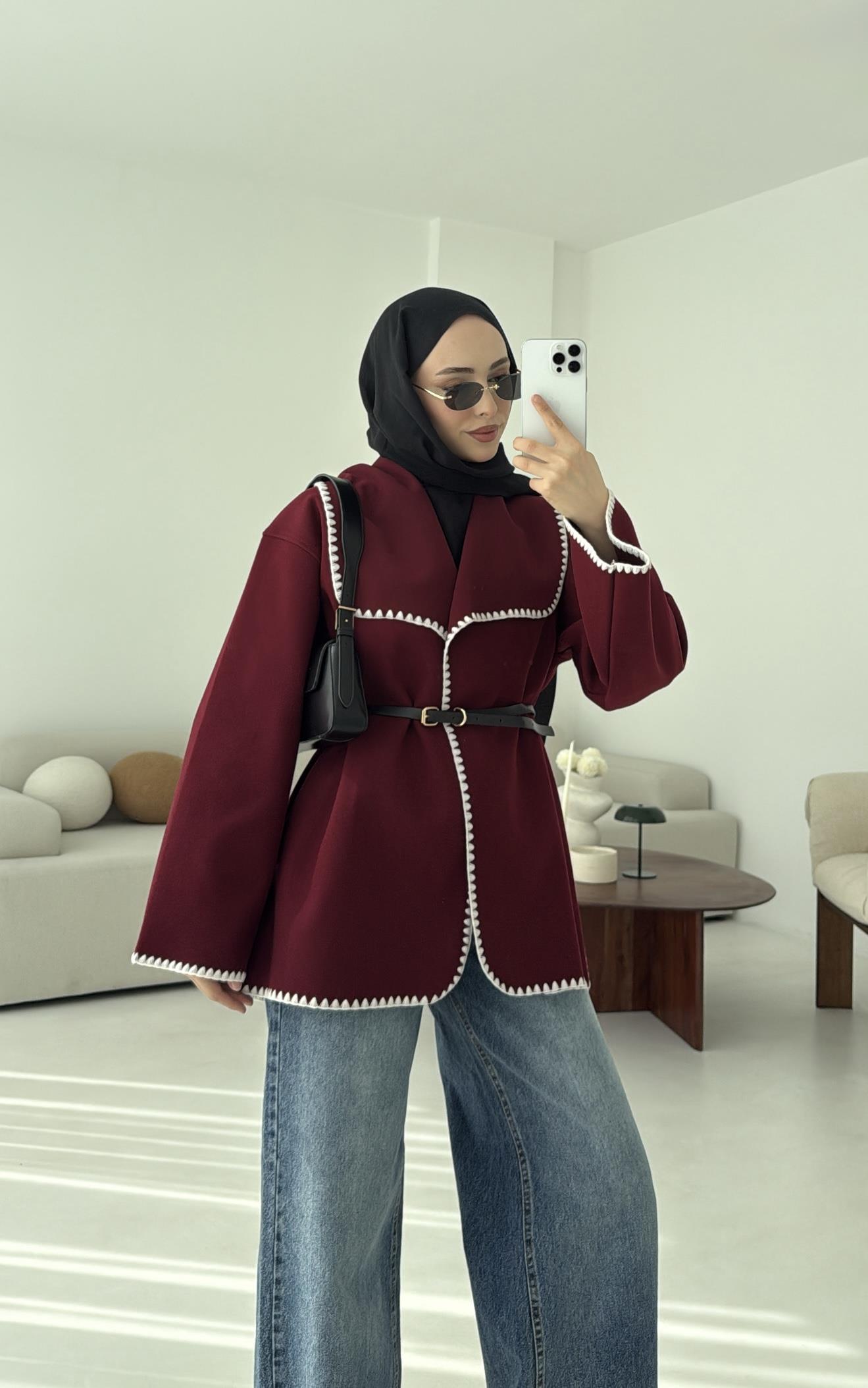 Dikişli Kaşe Ceket Bordo