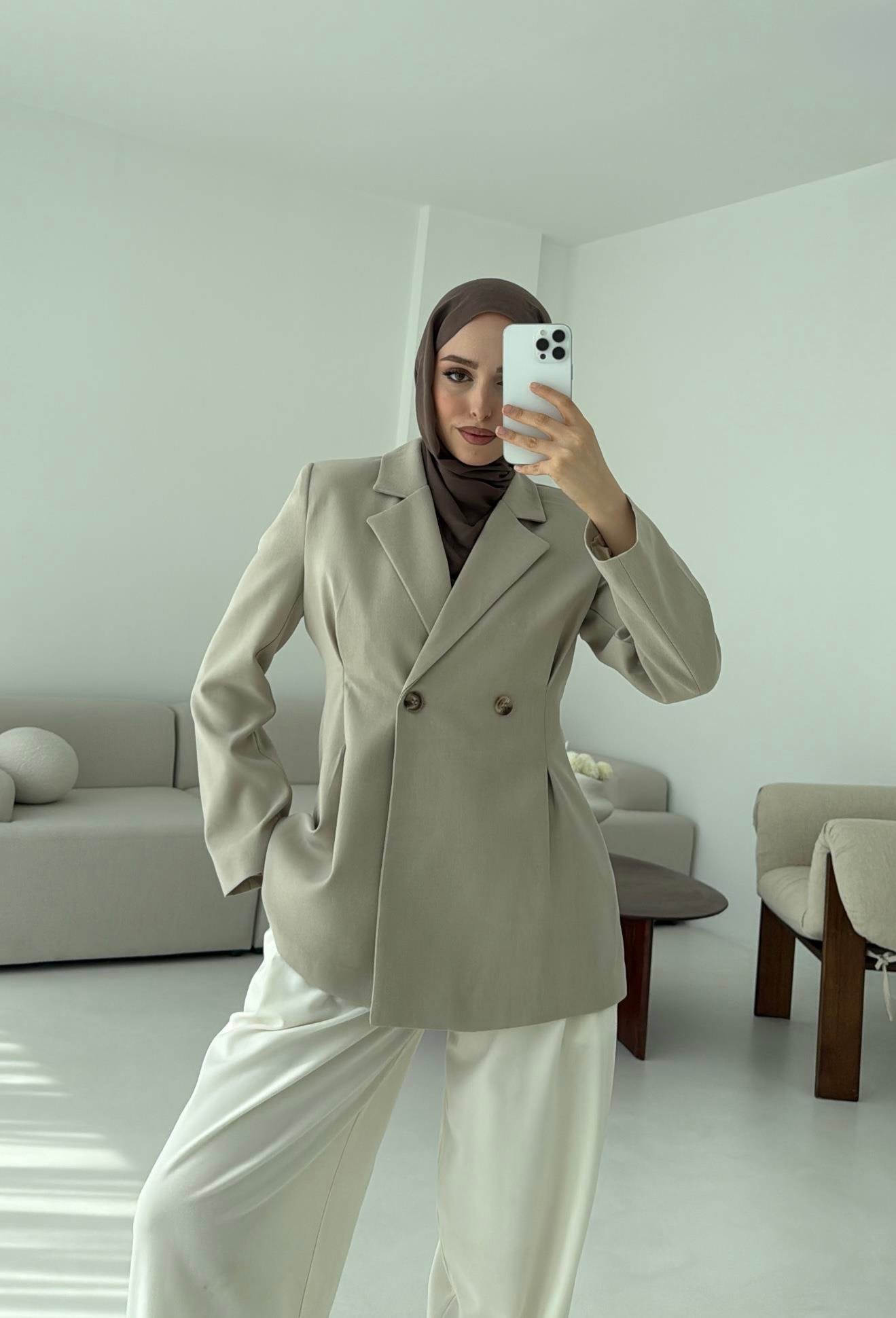 Pile Detay Blazer Ceket Taş