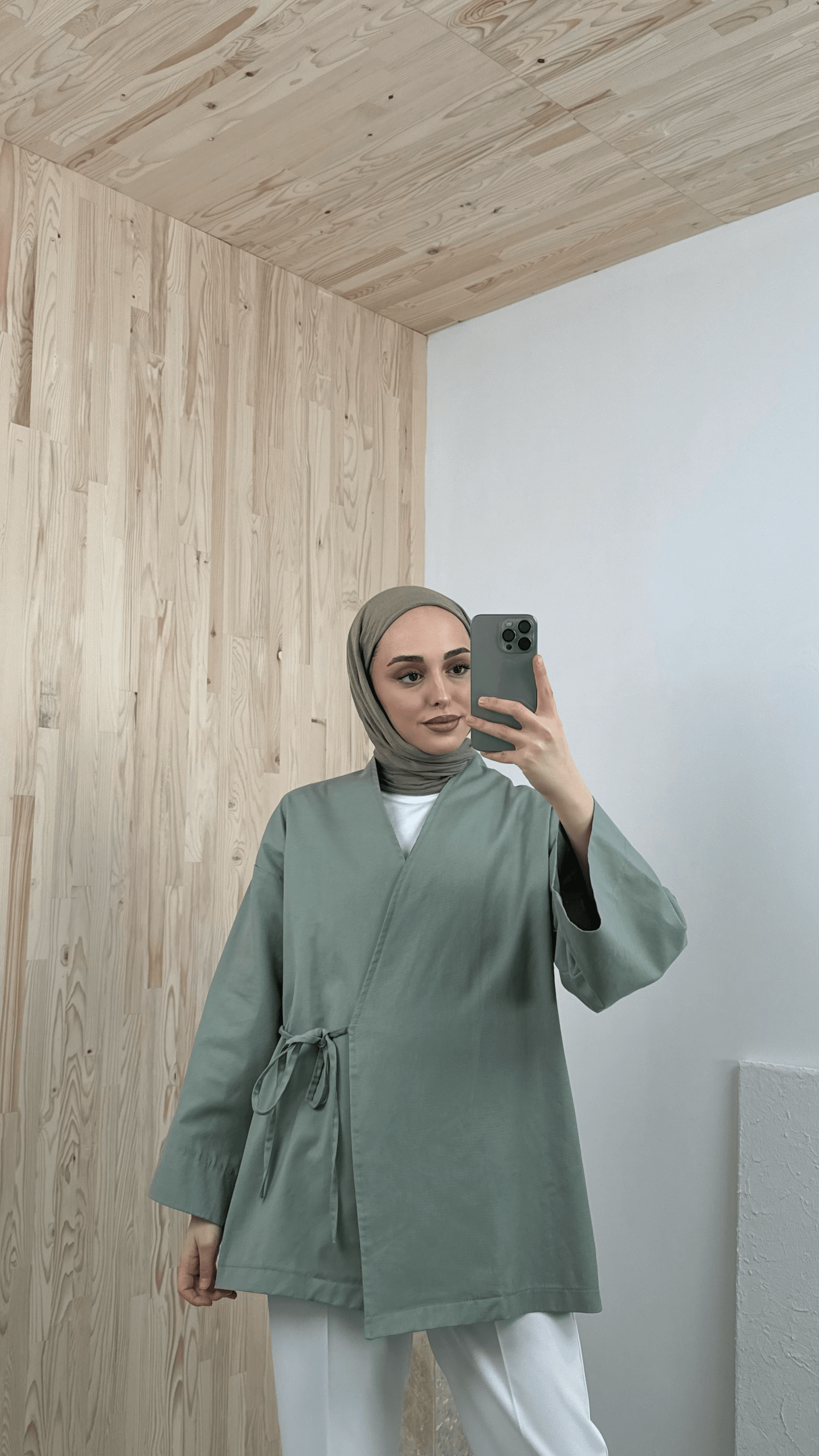 Gabardin Bağlamalı Ceket/Kimono Çağla Yeşili