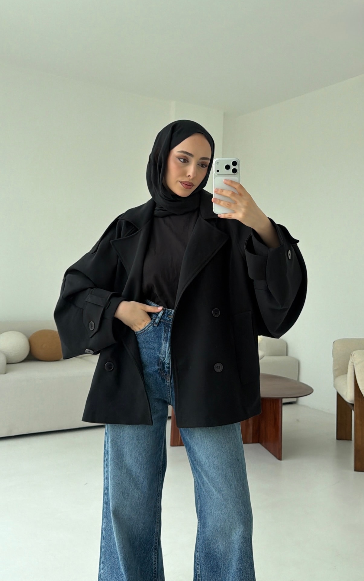 Dökümlü Trençkot Siyah