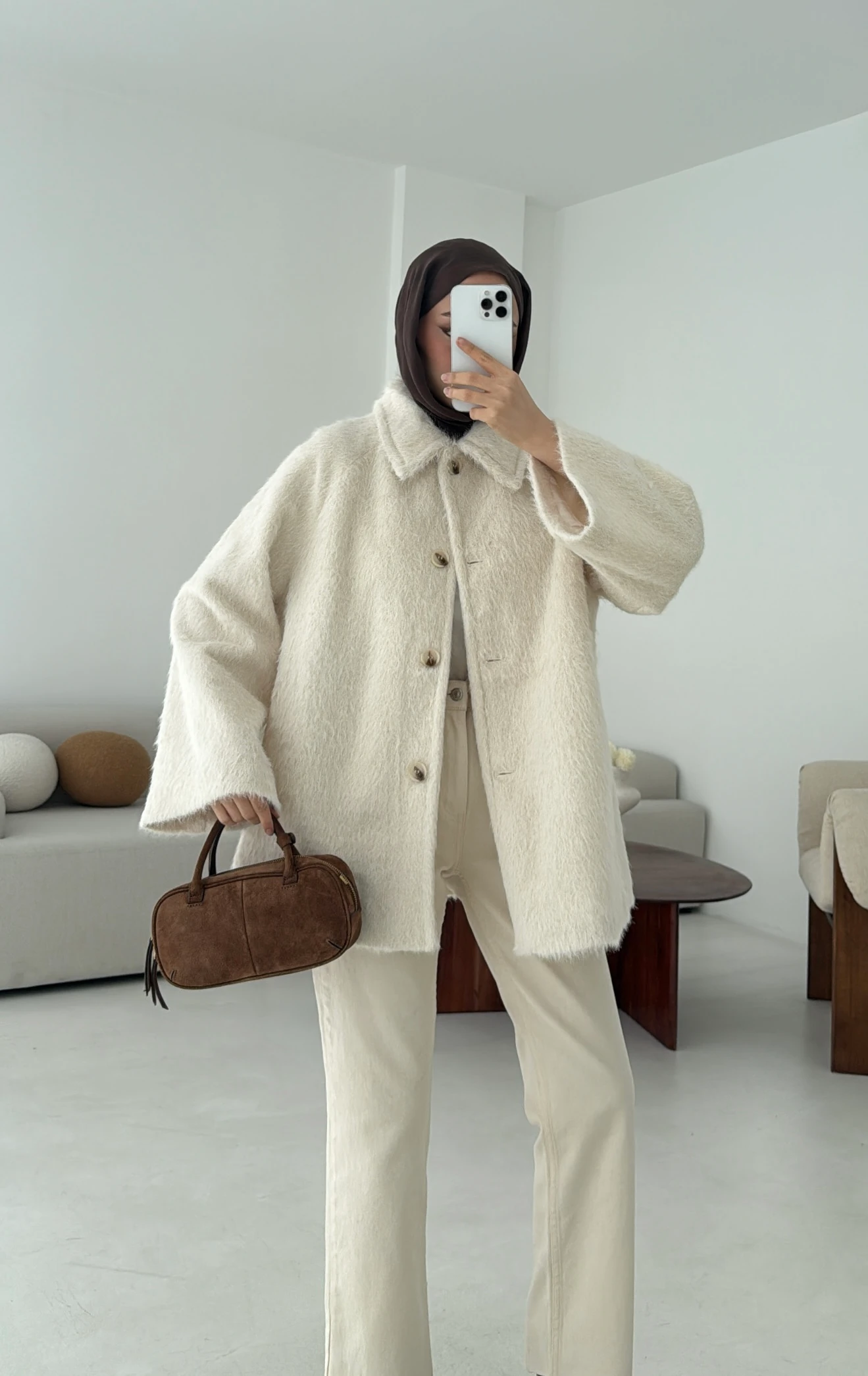 Mohair Reglan Kol Kaban Krem