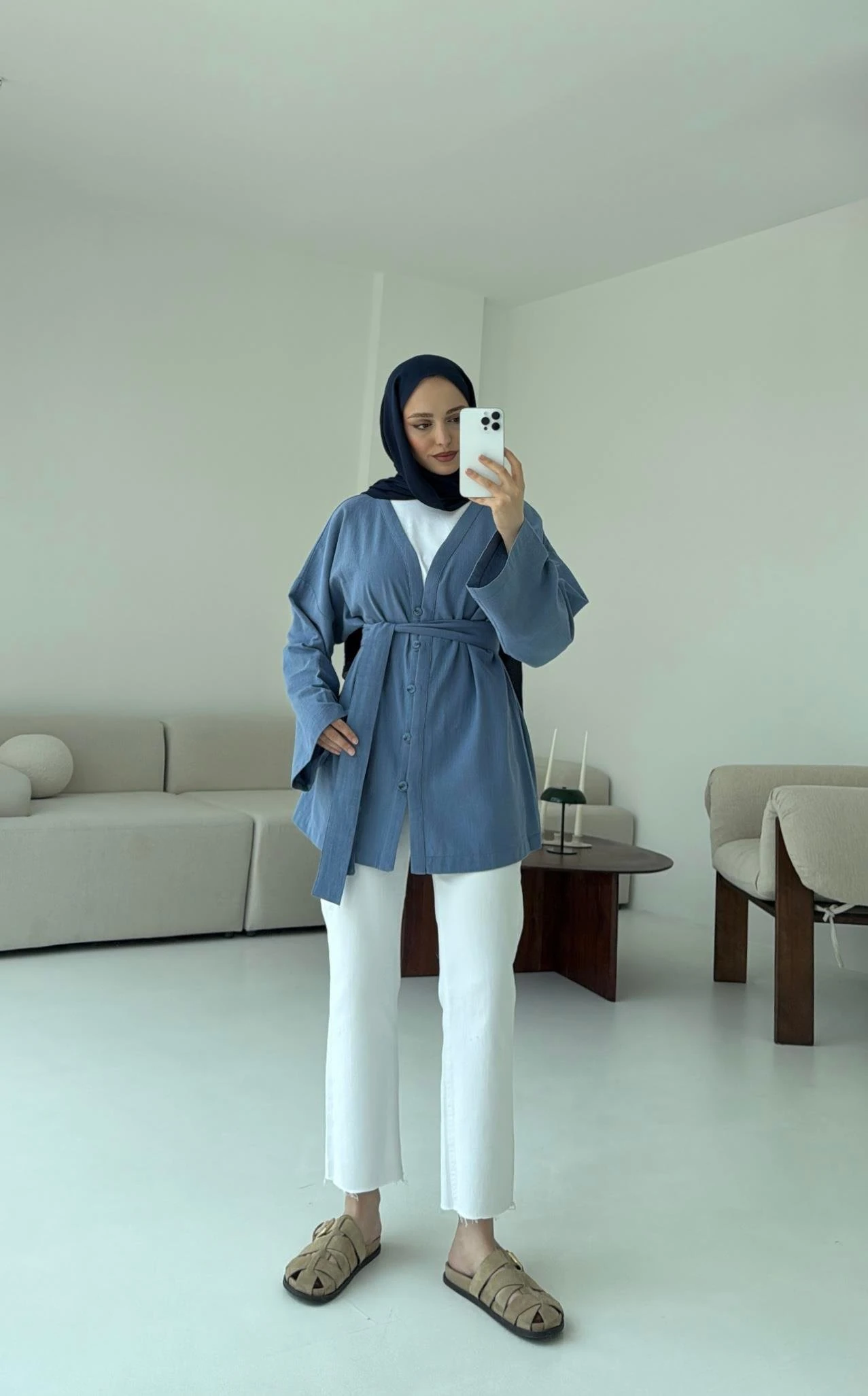 Linen Düğmeli Kimono Mavi