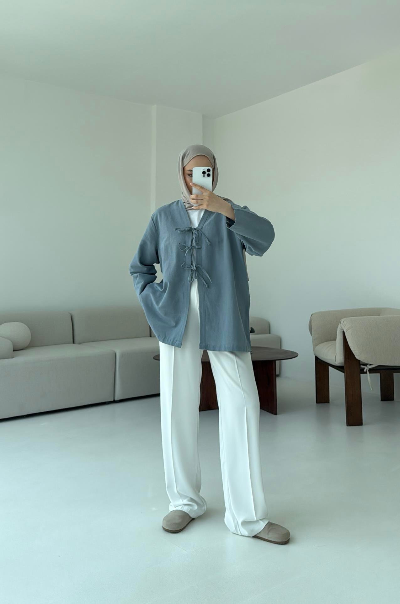 Keten Üç Bağlamalı Kimono Mavi