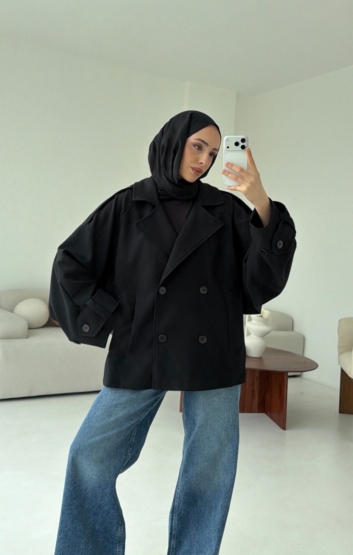 Dökümlü Trençkot Siyah