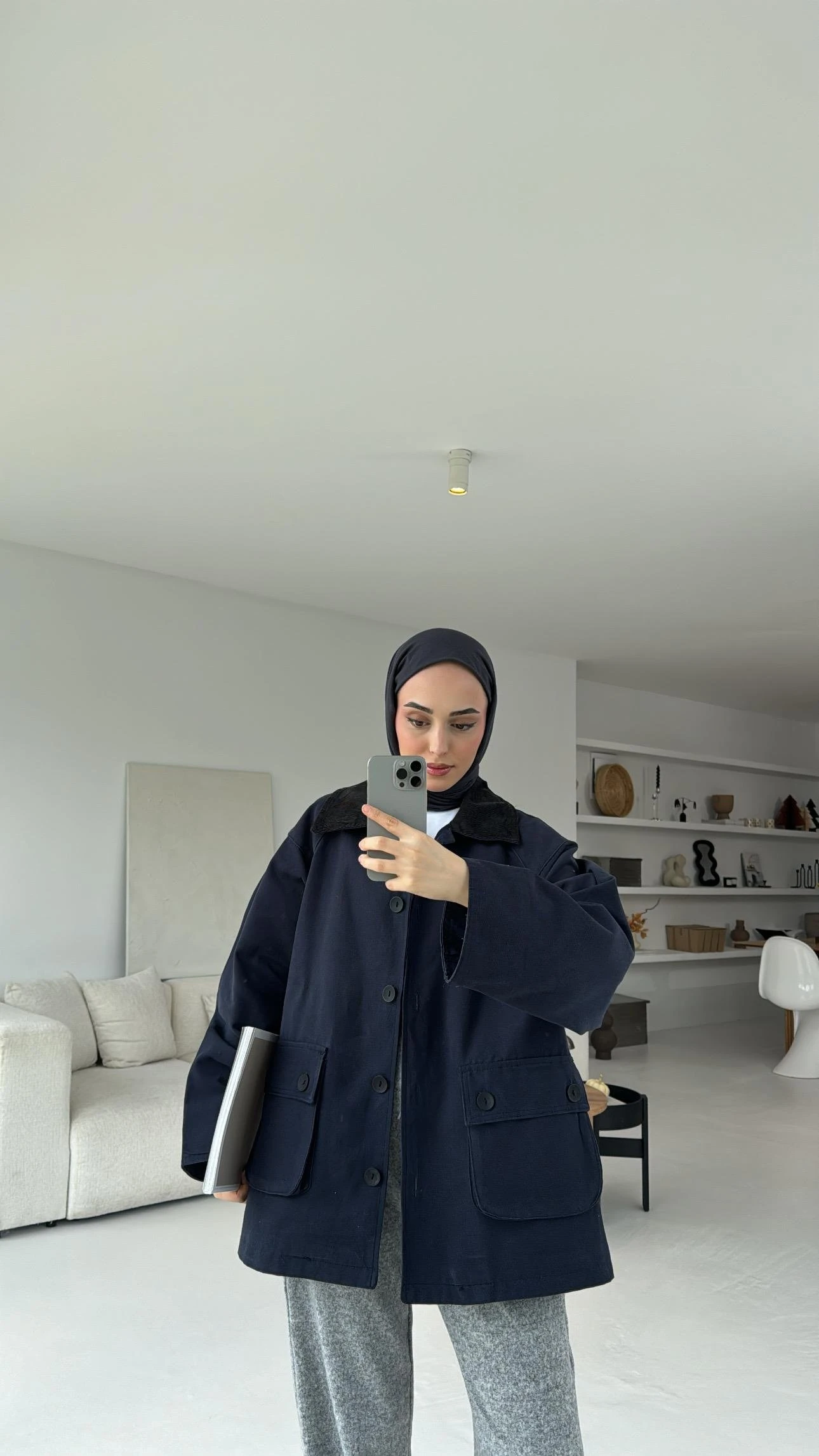 Kadife Yaka Astarlı Parka Lacivert