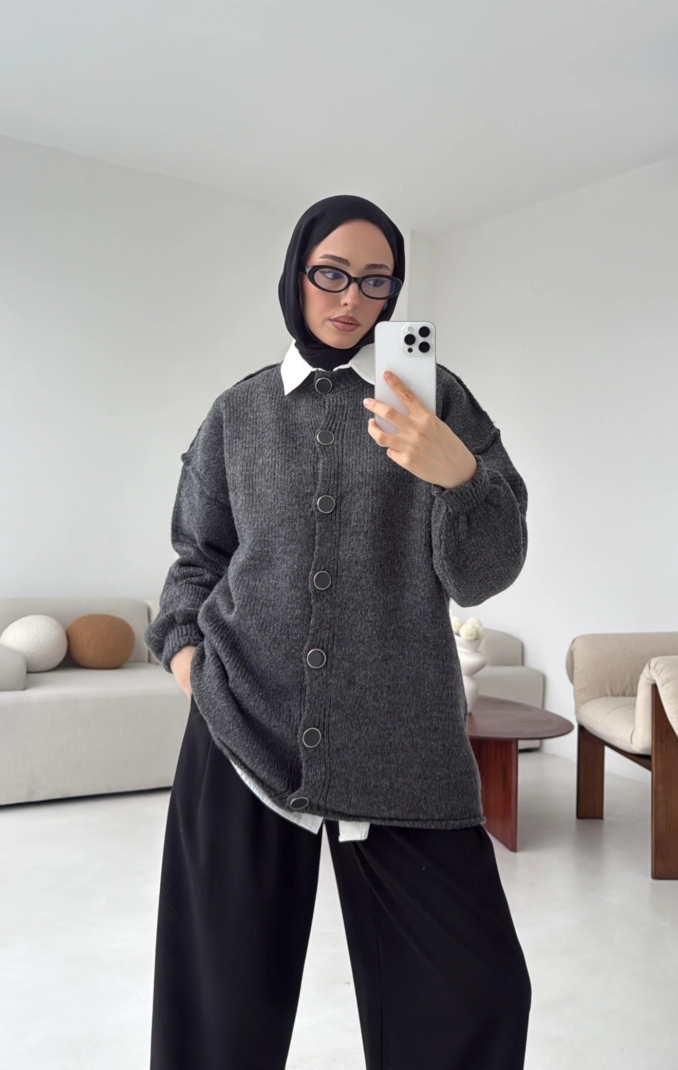 Düğmeli Triko Hırka Antrasit