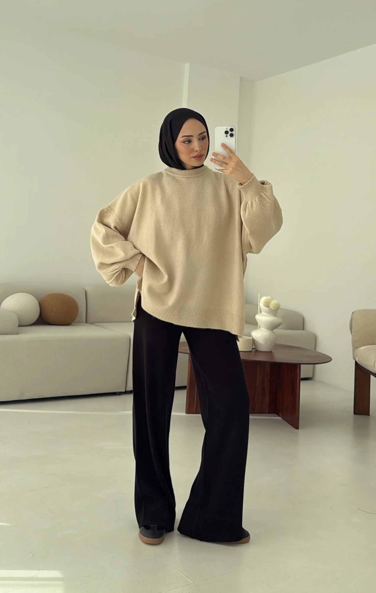 Yırtmaç Detay Balon Kol Kazak Bej