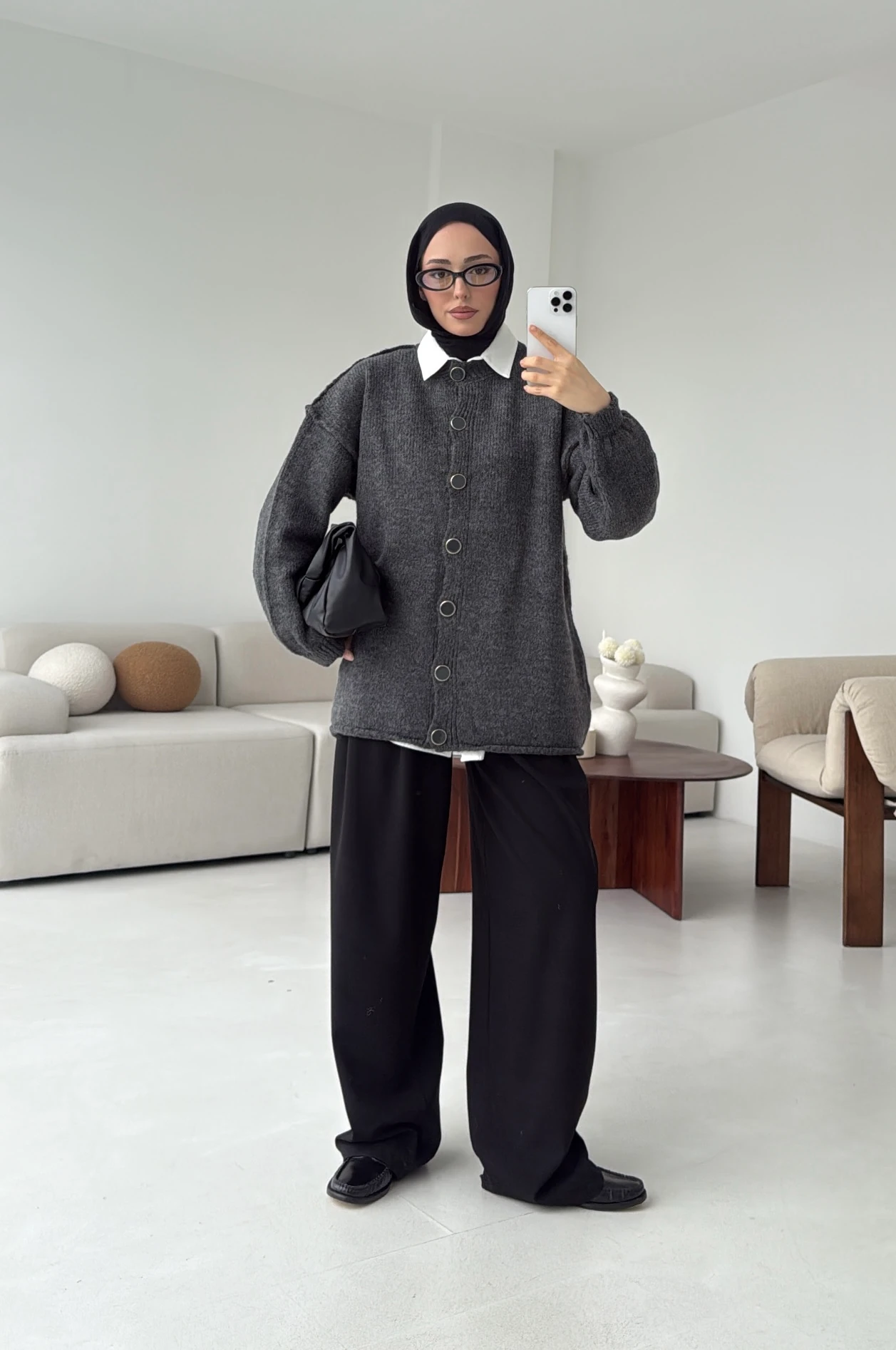 Düğmeli Triko Hırka Antrasit