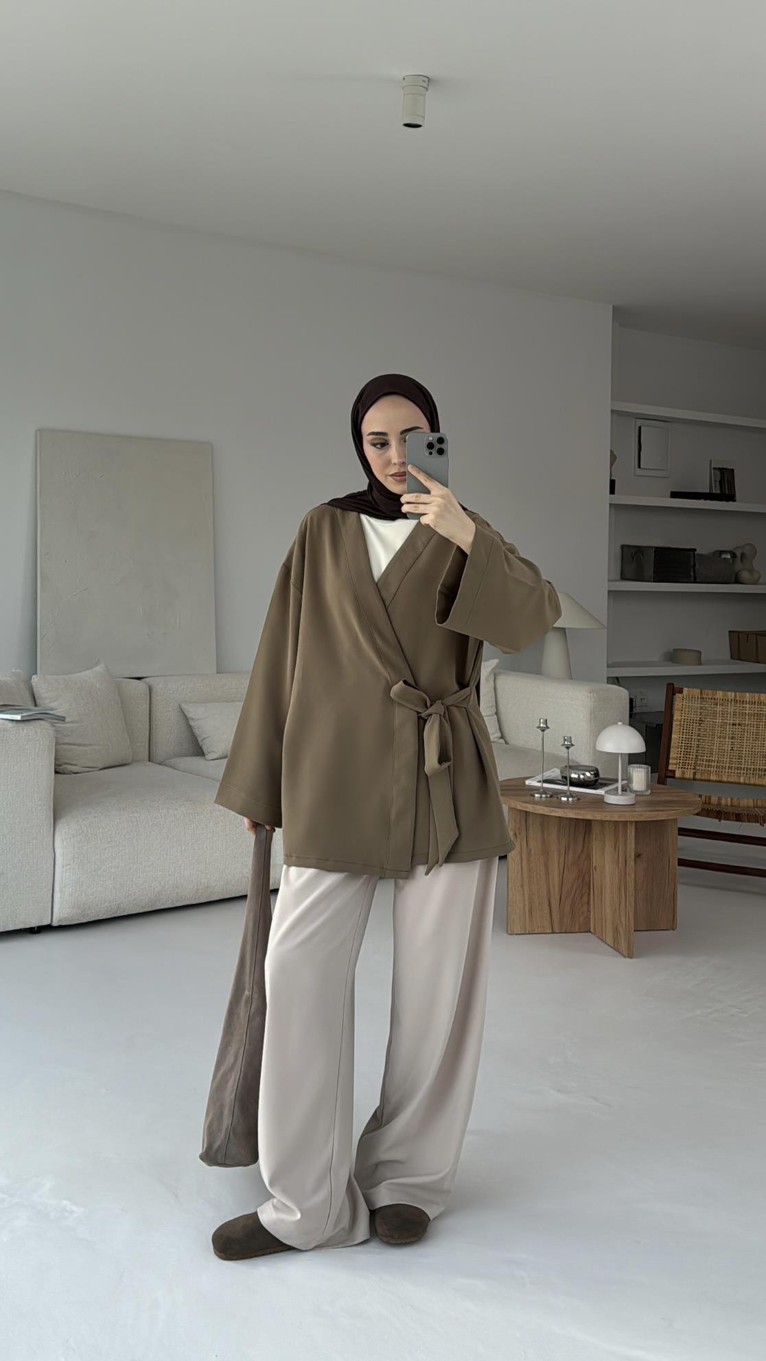 Krep Yandan Bağlama Kimono Yeşil