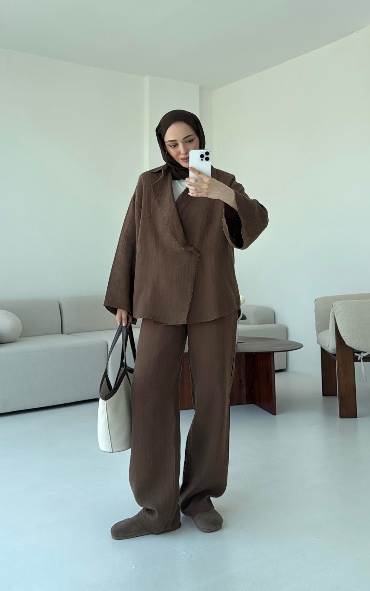 Müslin Düğmeli Kimono Takım Kahve