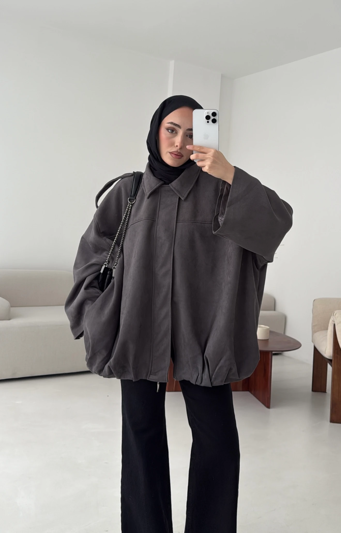 Pileli Süet Ceket Gri