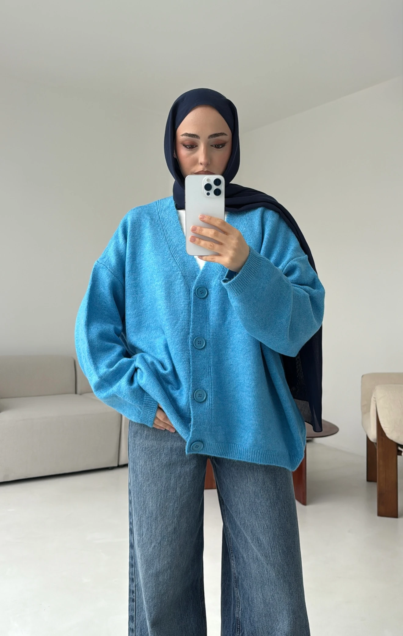 Oversize Yünlü Kazak Mavi