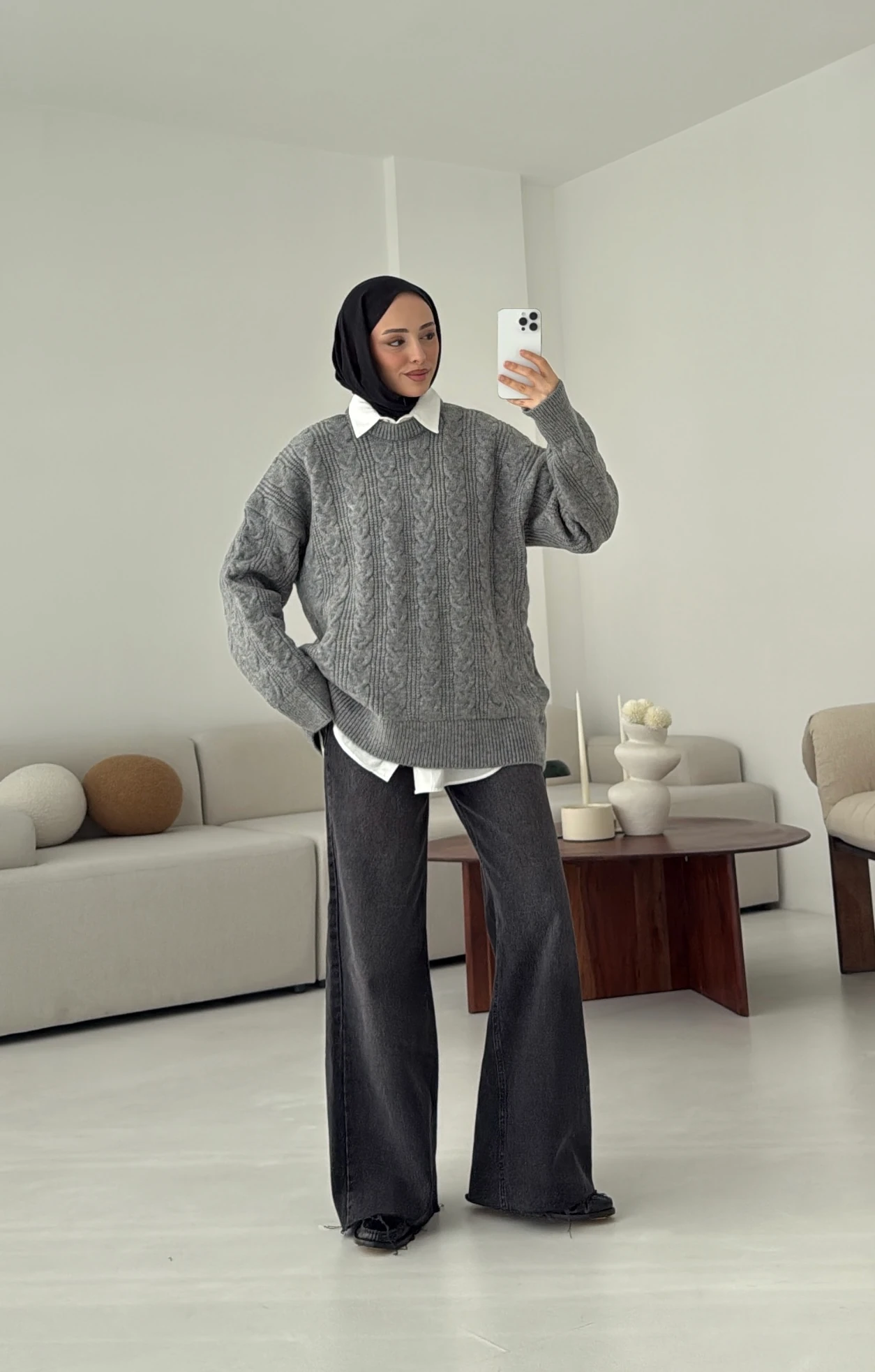 Kalın Saç Örgü Kazak Gri 