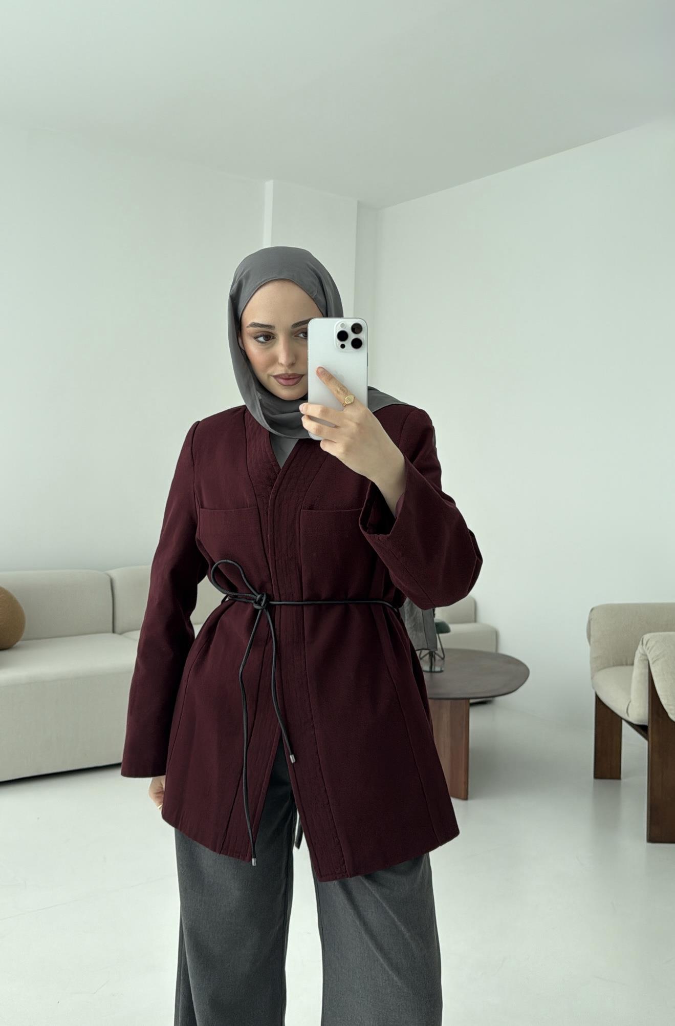 Gabardin Kemerli Ceket Bordo