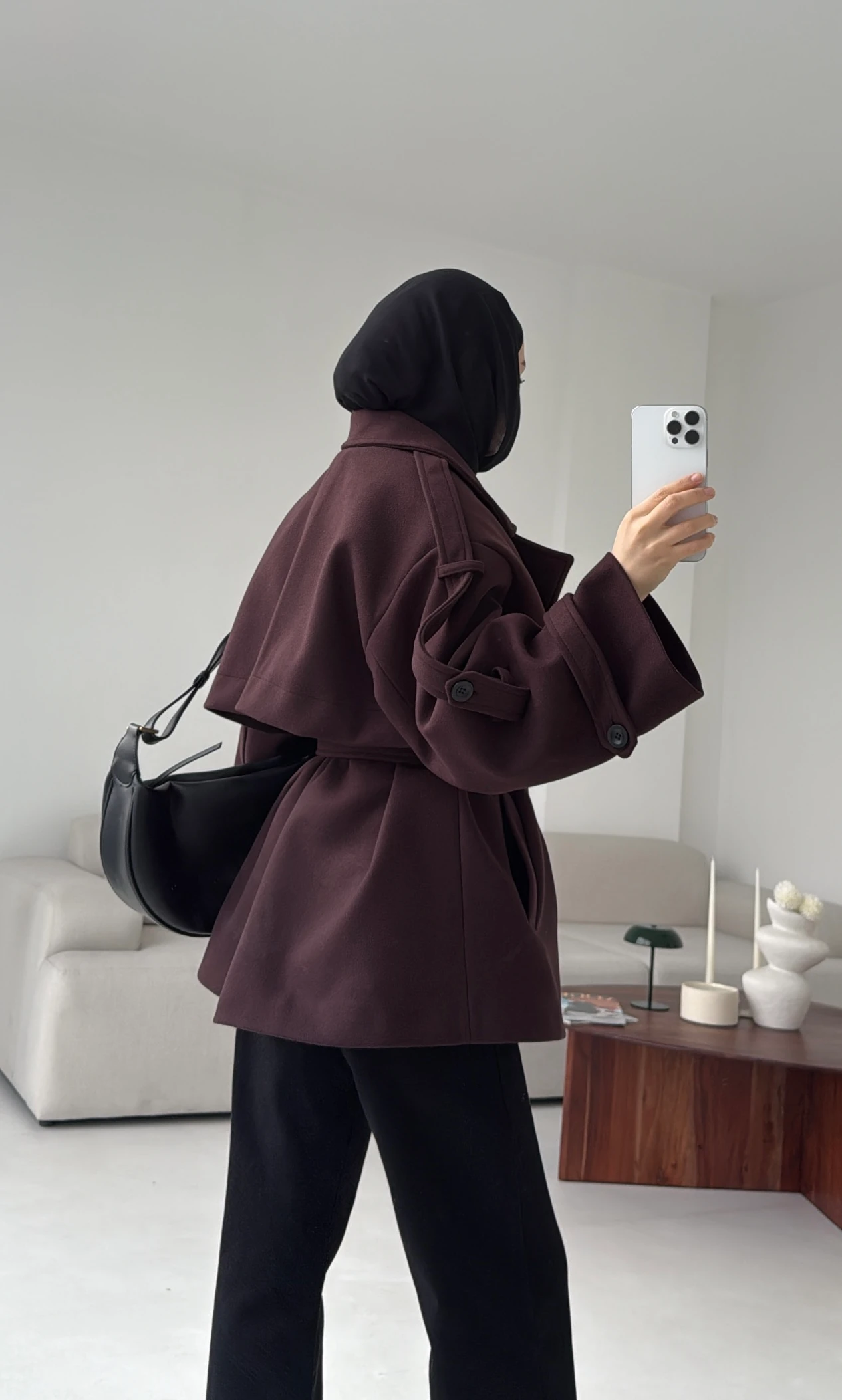 Mürdüm Düğmeli Kol Manşetli Kaşe Kaban