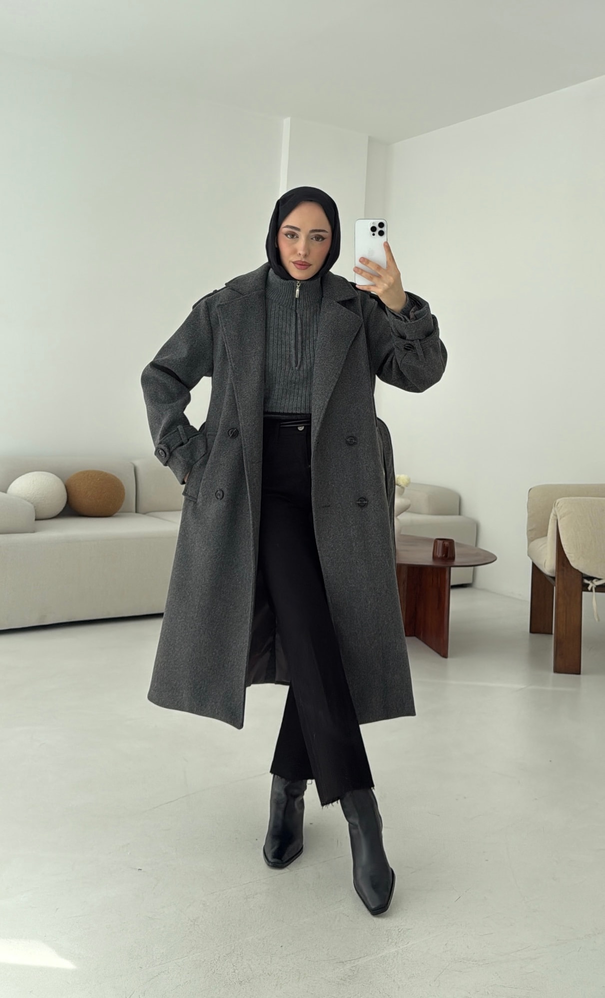 Premium Uzun Kaşe Kaban Antrasit