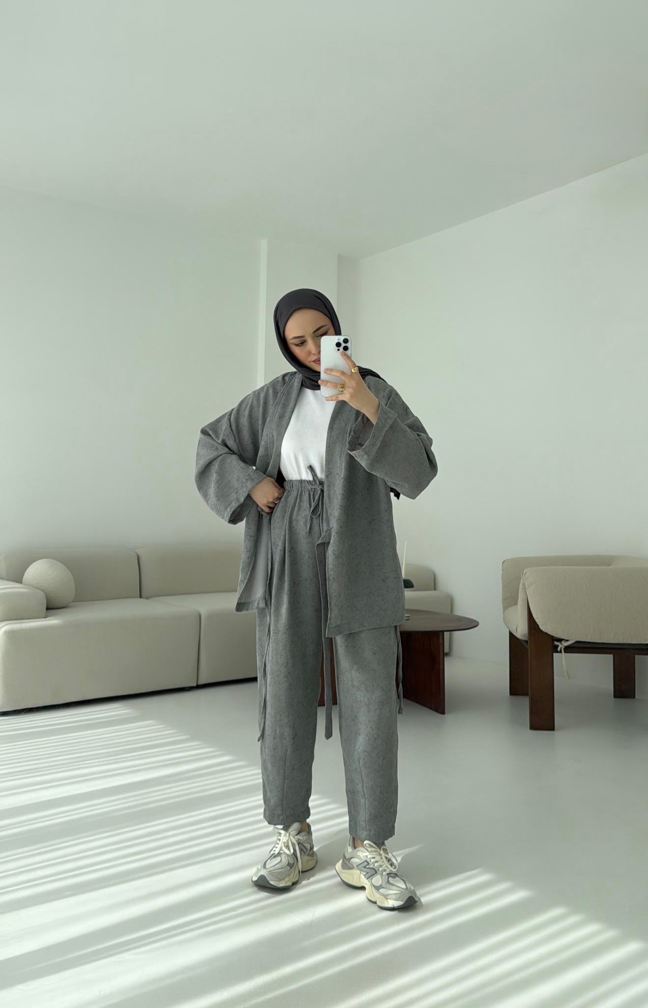 Kimono Pantolon Bambu Batik Takım Gri