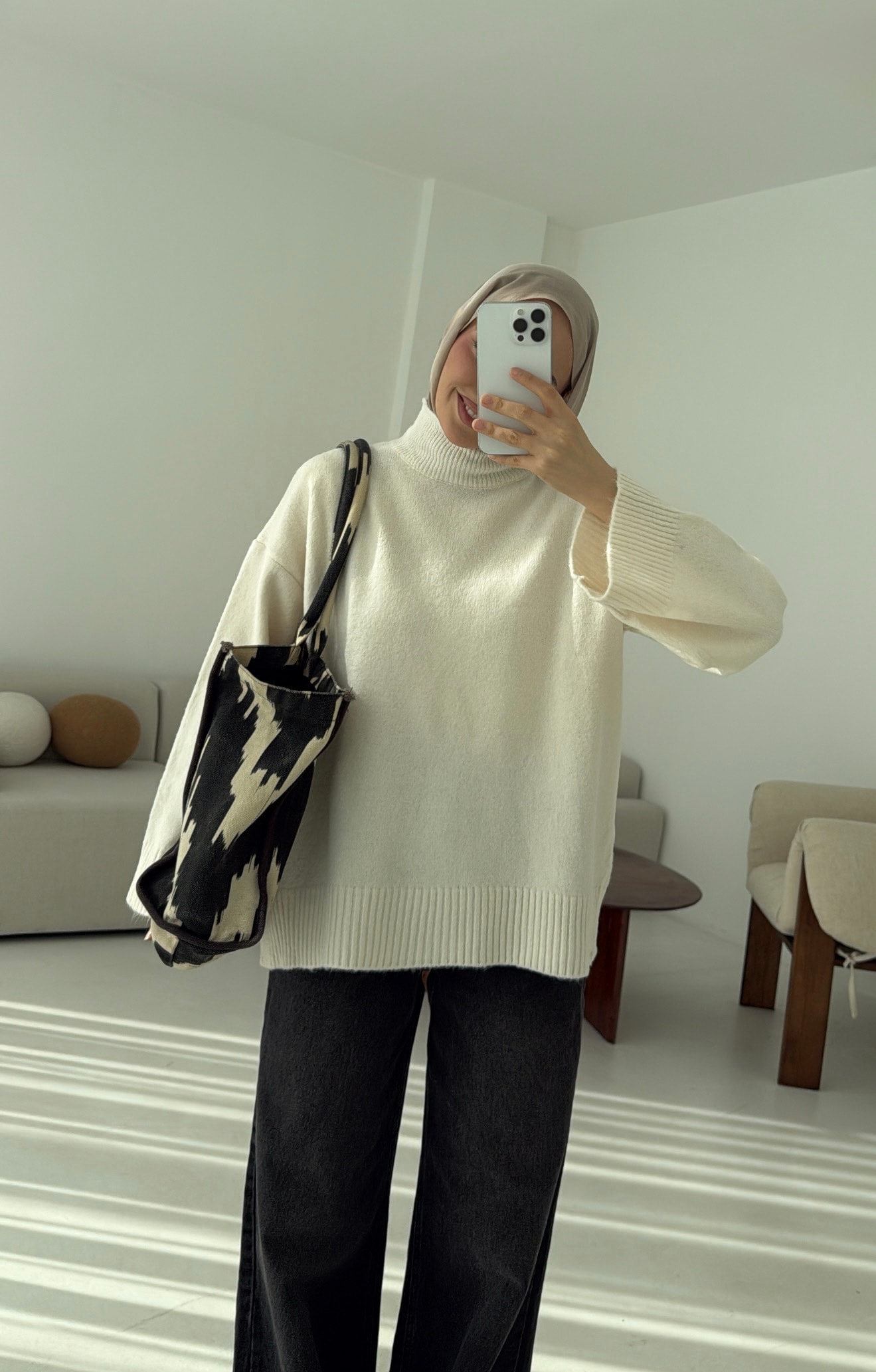 Yarım Yaka Triko Kazak Krem