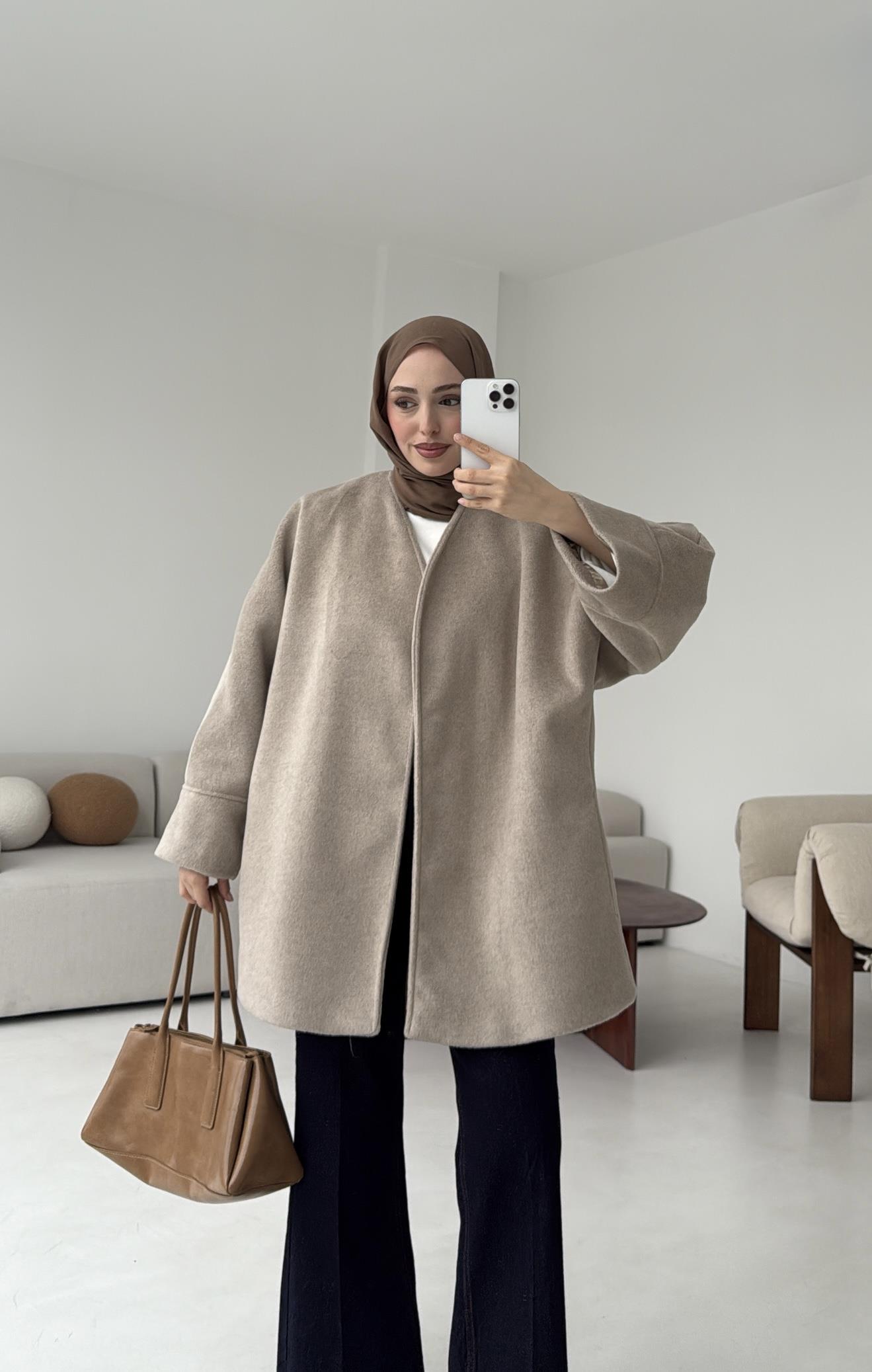 Premium Kuşaklı Kaşe Kaban Vizon