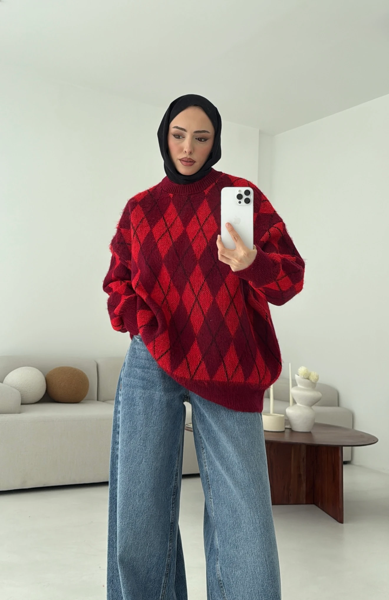 Baklava Desen Şardonlu Kazak Bordo