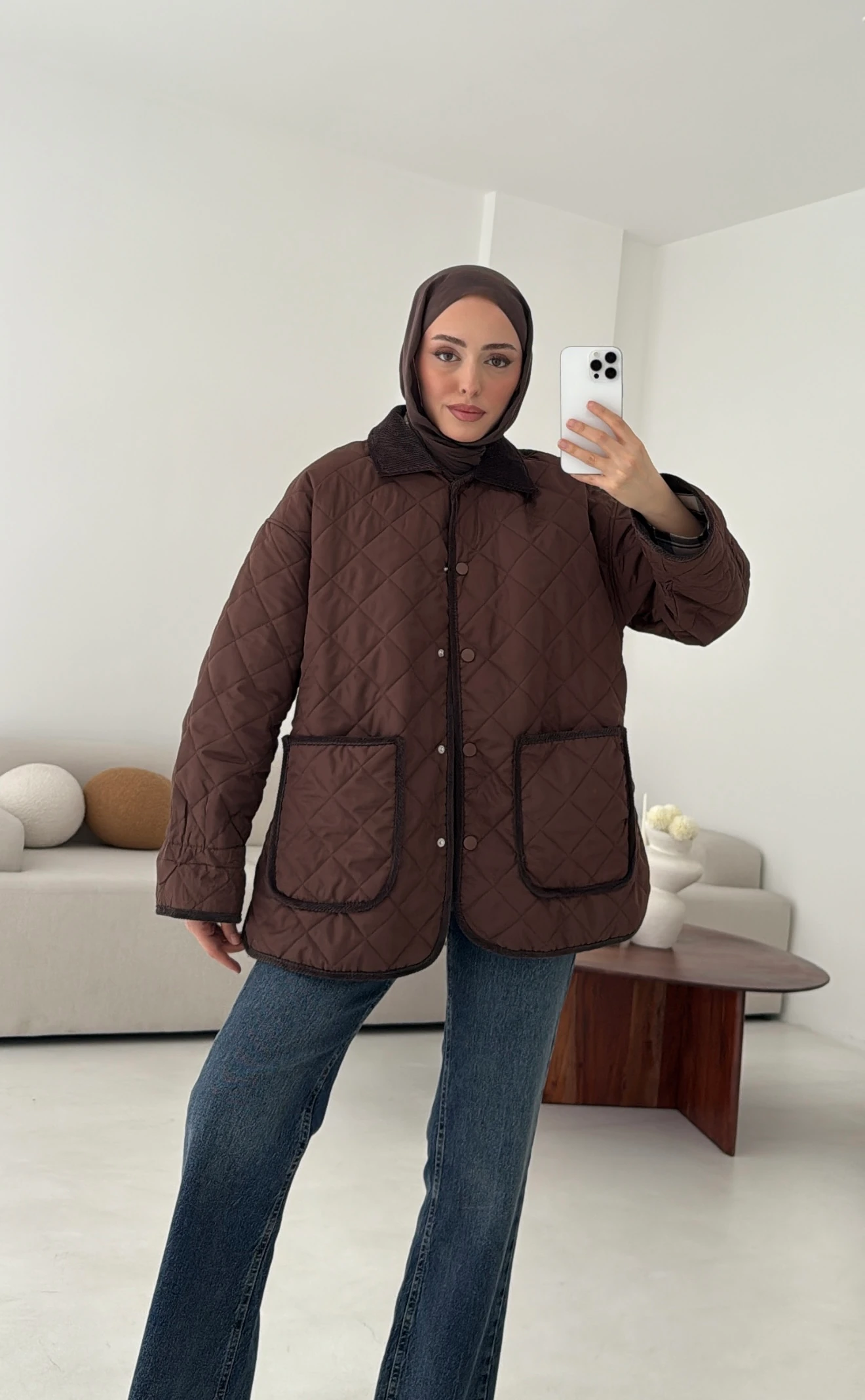 Kapitone Kadife Geçişli Ceket Kahve