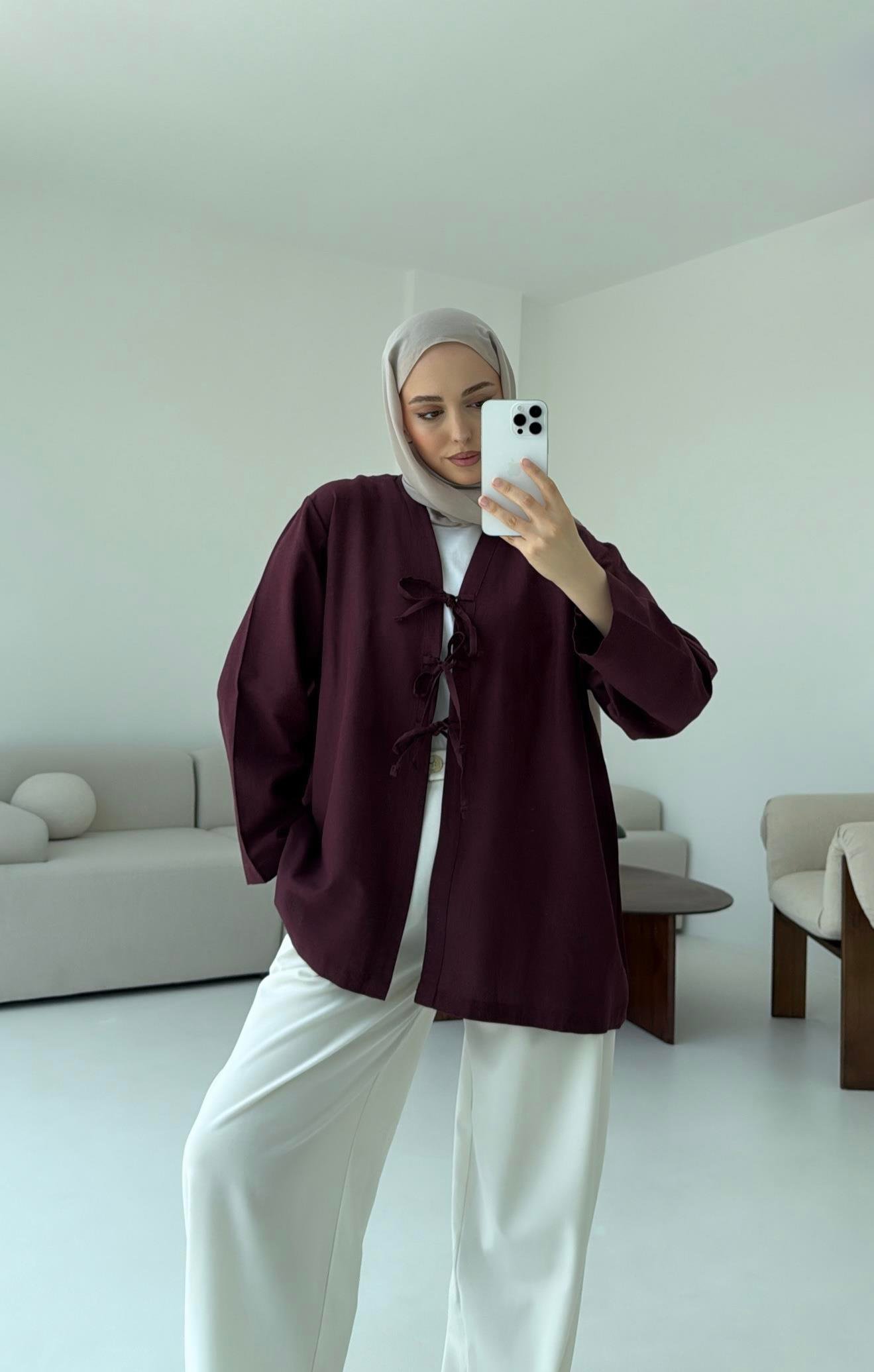 Keten Üç Bağlamalı Kimono Bordo