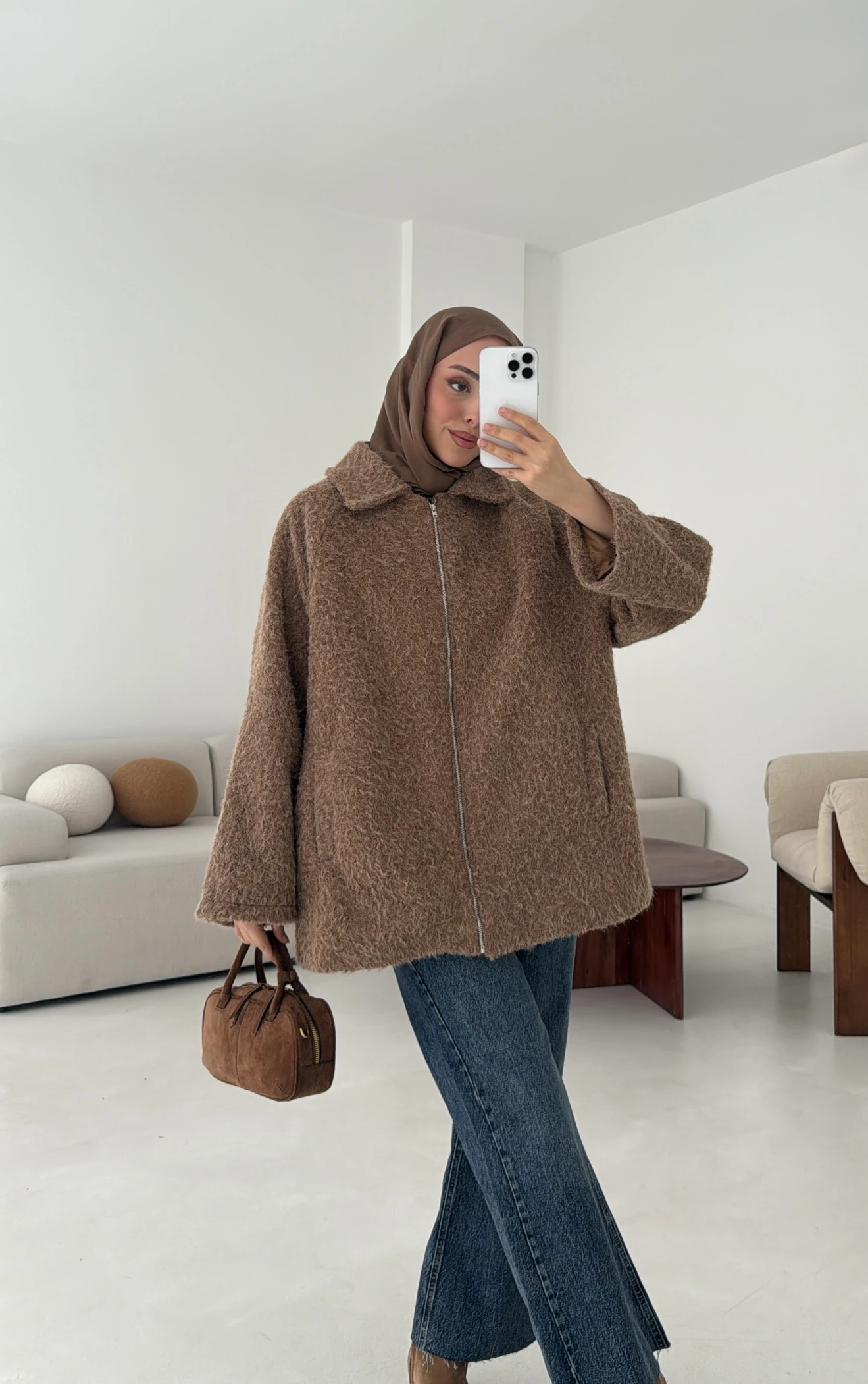 Kırçıllı Fermuarlı Kaban Kahve