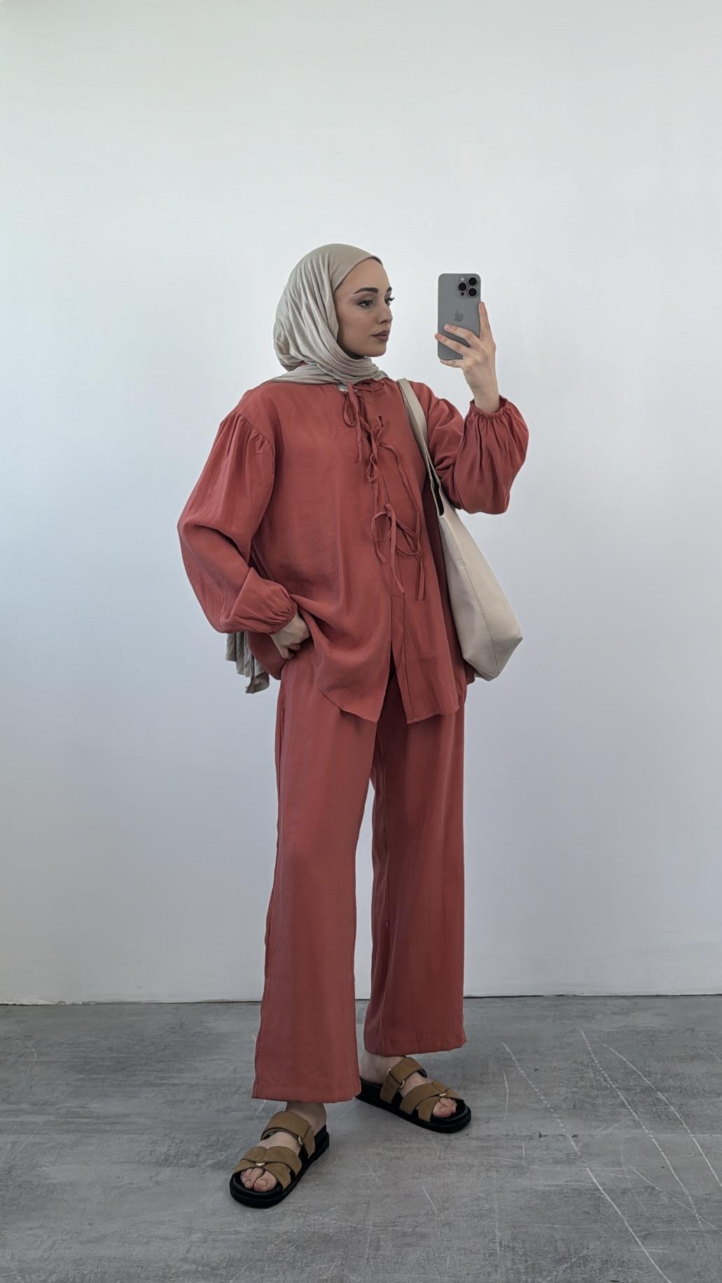 Tencel Önden Bağlamalı Kimonolu Takım  Kiremit