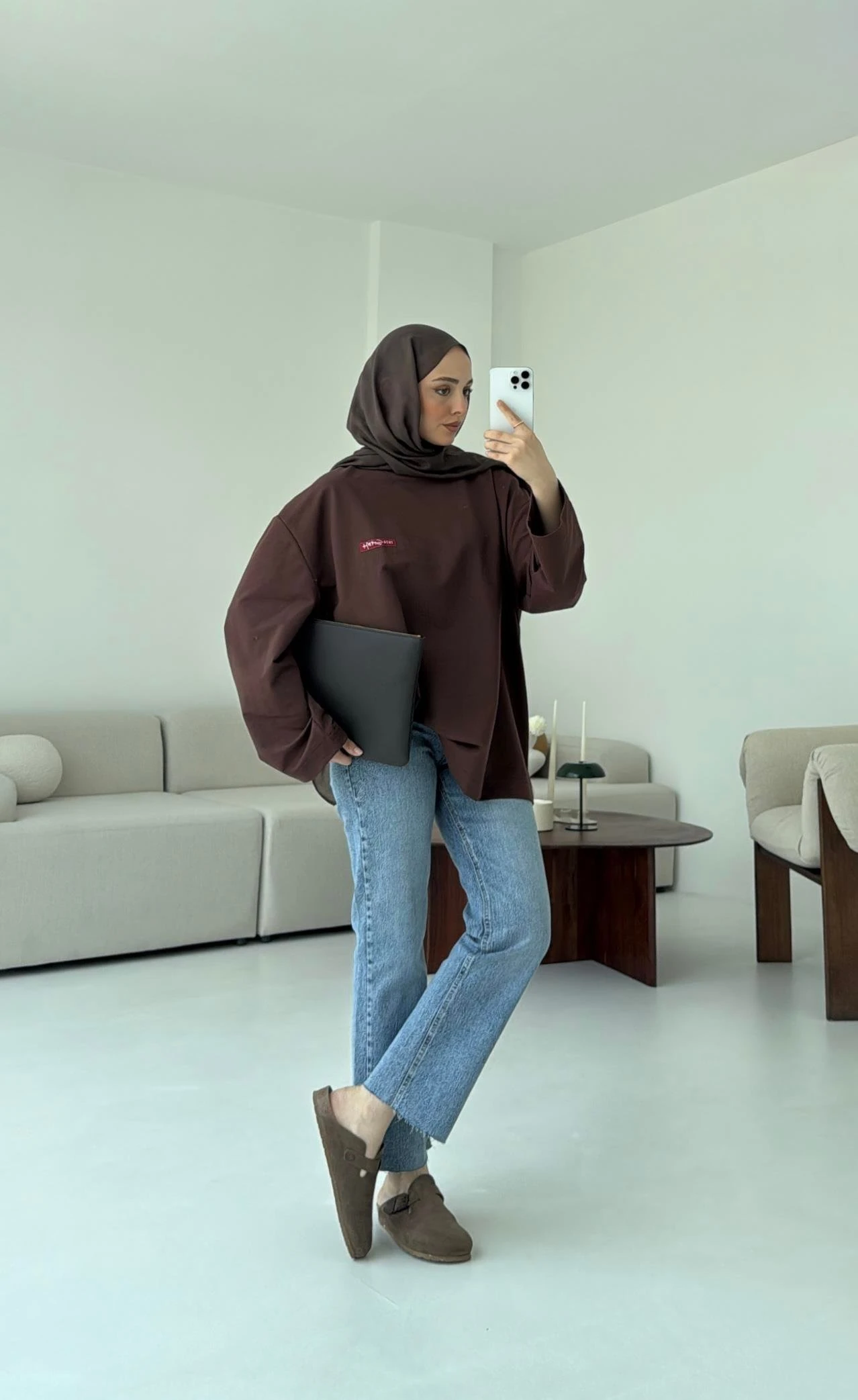 Etiket Baskılı  Sweatshirt Kahve