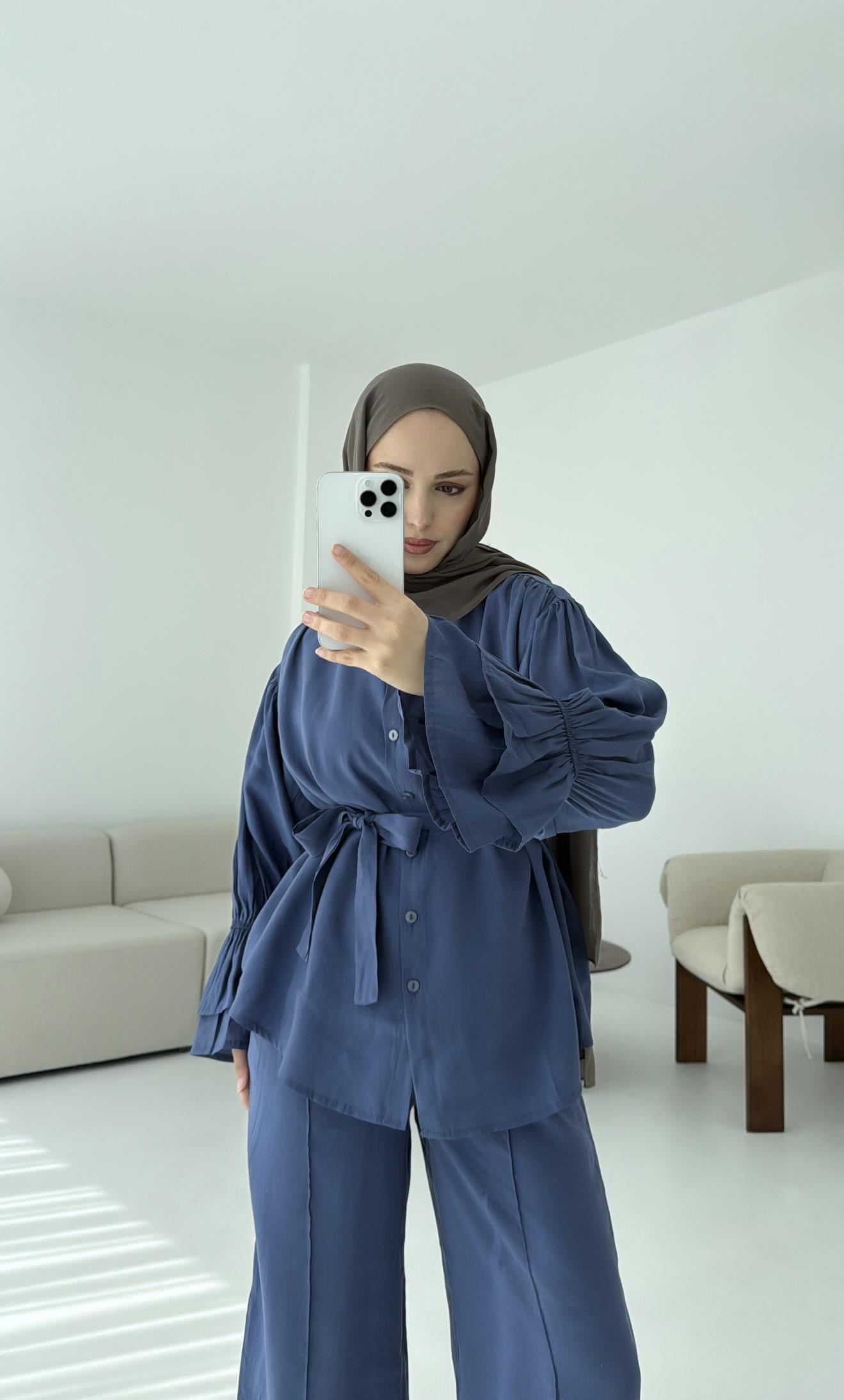 Büzgülü Oversize Gömlek Takım İndigo