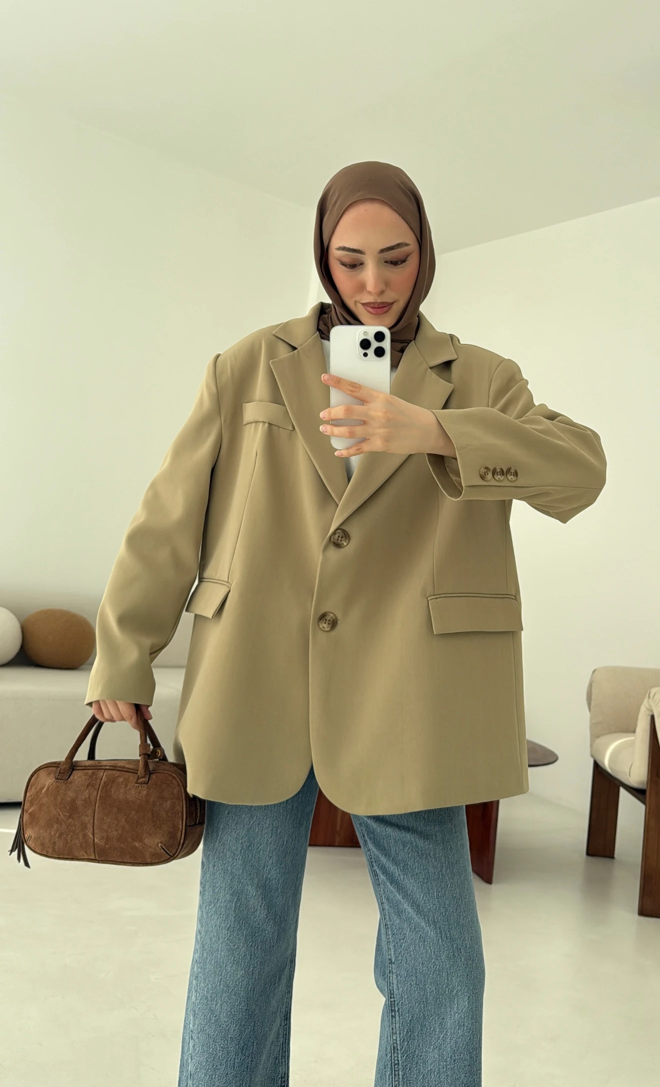 Çift Dügmeli Oversize Blazer Ceket Olive