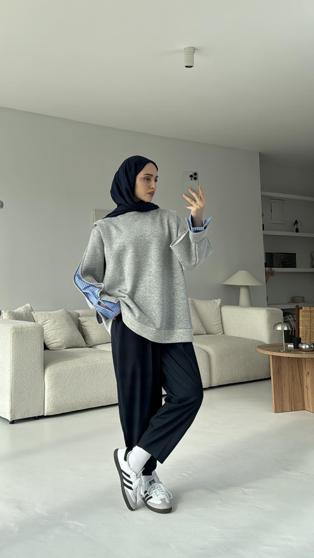 Gömlek Detaylı Sweatshirt Gri