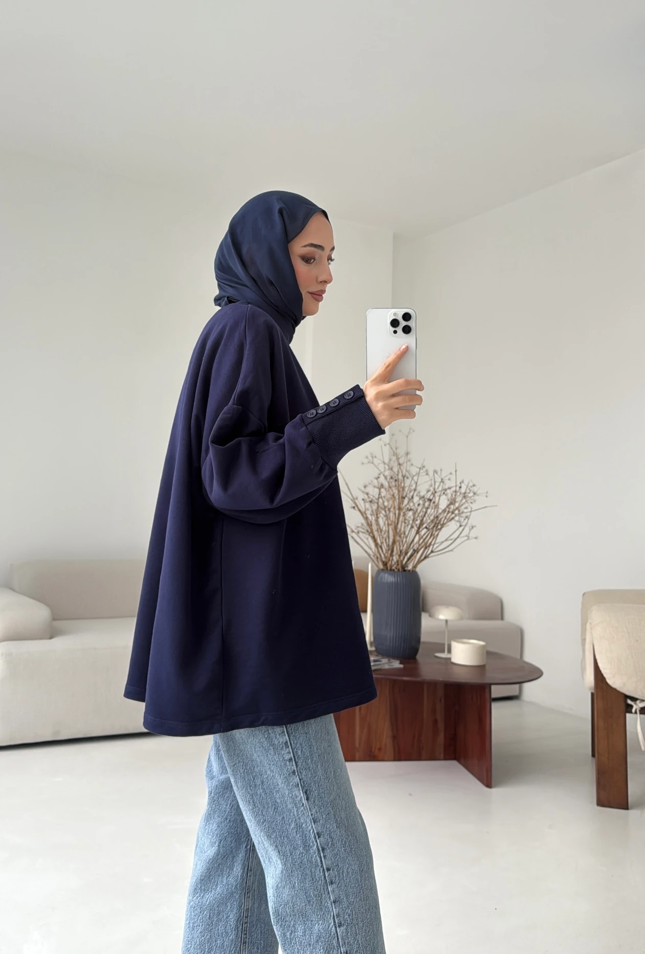 Manşeti Düğme Detay Swearshirt Lacivert