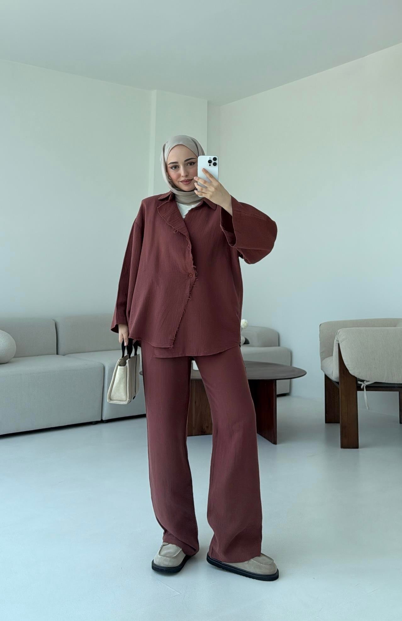 Müslin Düğmeli Kimono Takım Kiremit