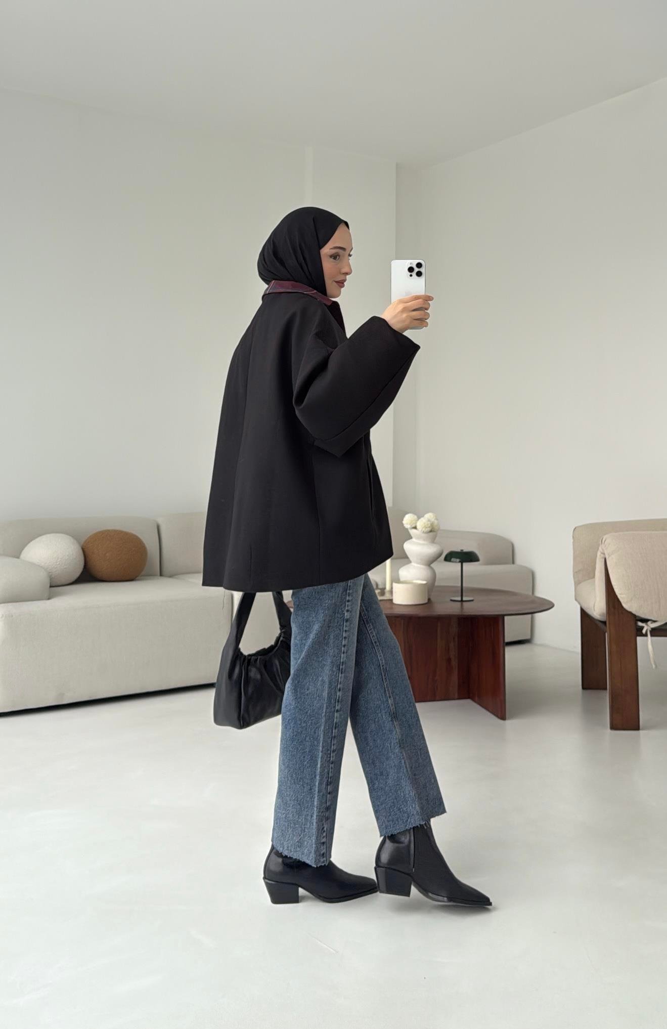 Soft Oversize Kaşe Kaban Siyah