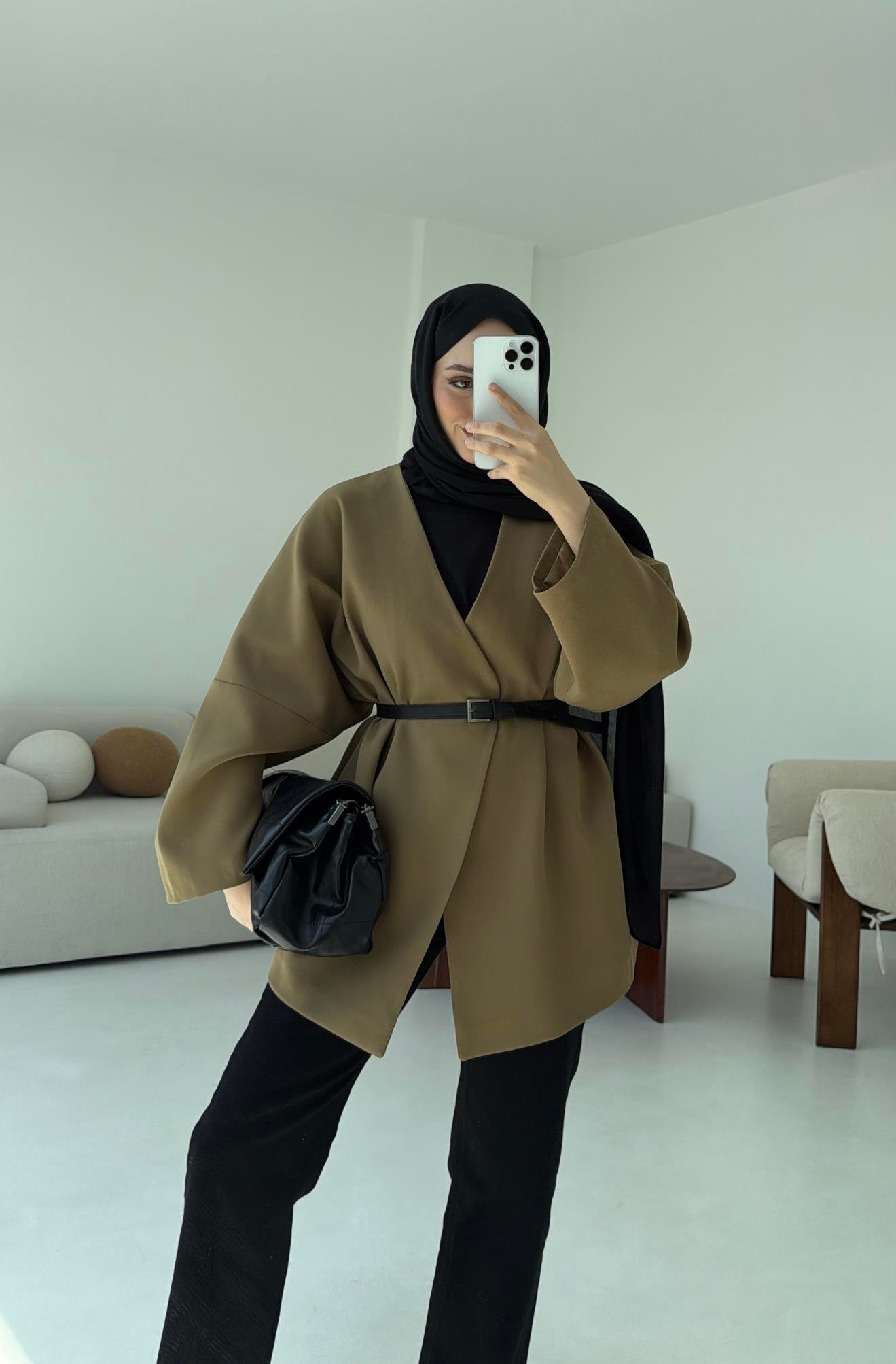 Deri Kemer Detay Oversize Ceket Olive