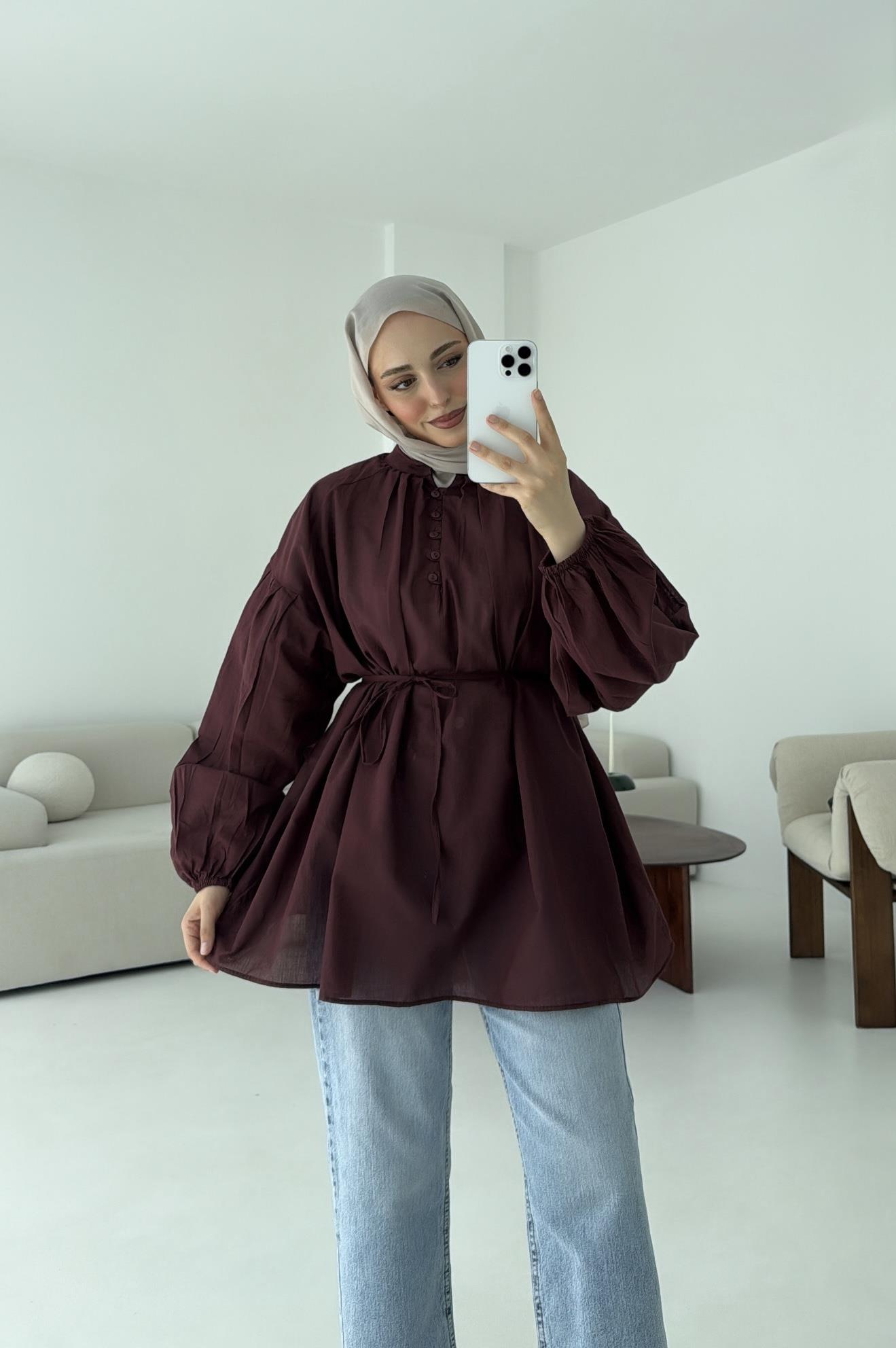 Yarım Dügmeli Vual Gömlek Bordo