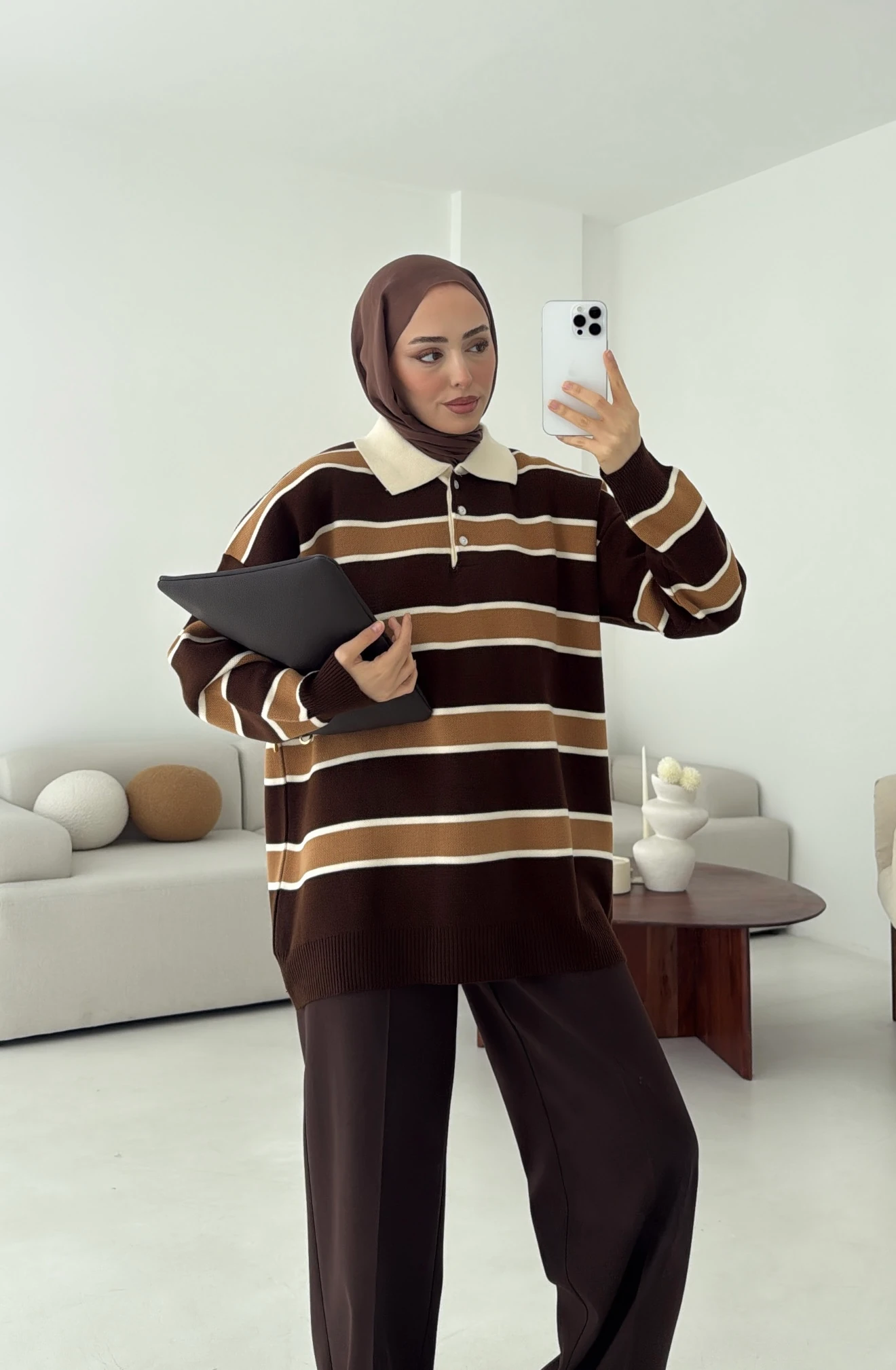 Kahve Hardal Çizgili Triko Kazak (Ön Sipariş Perşembe Kargoda)