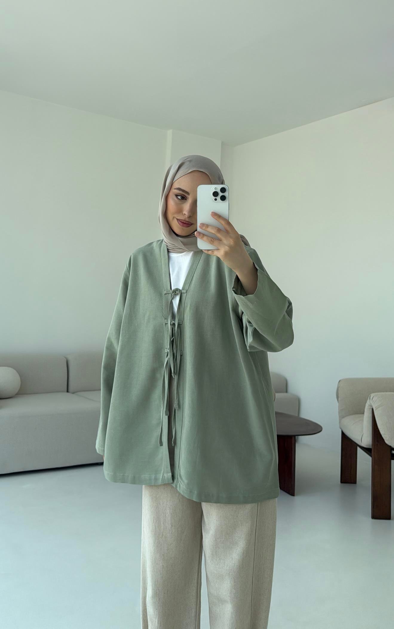 Keten Üç Bağlamalı Kimono Çağla