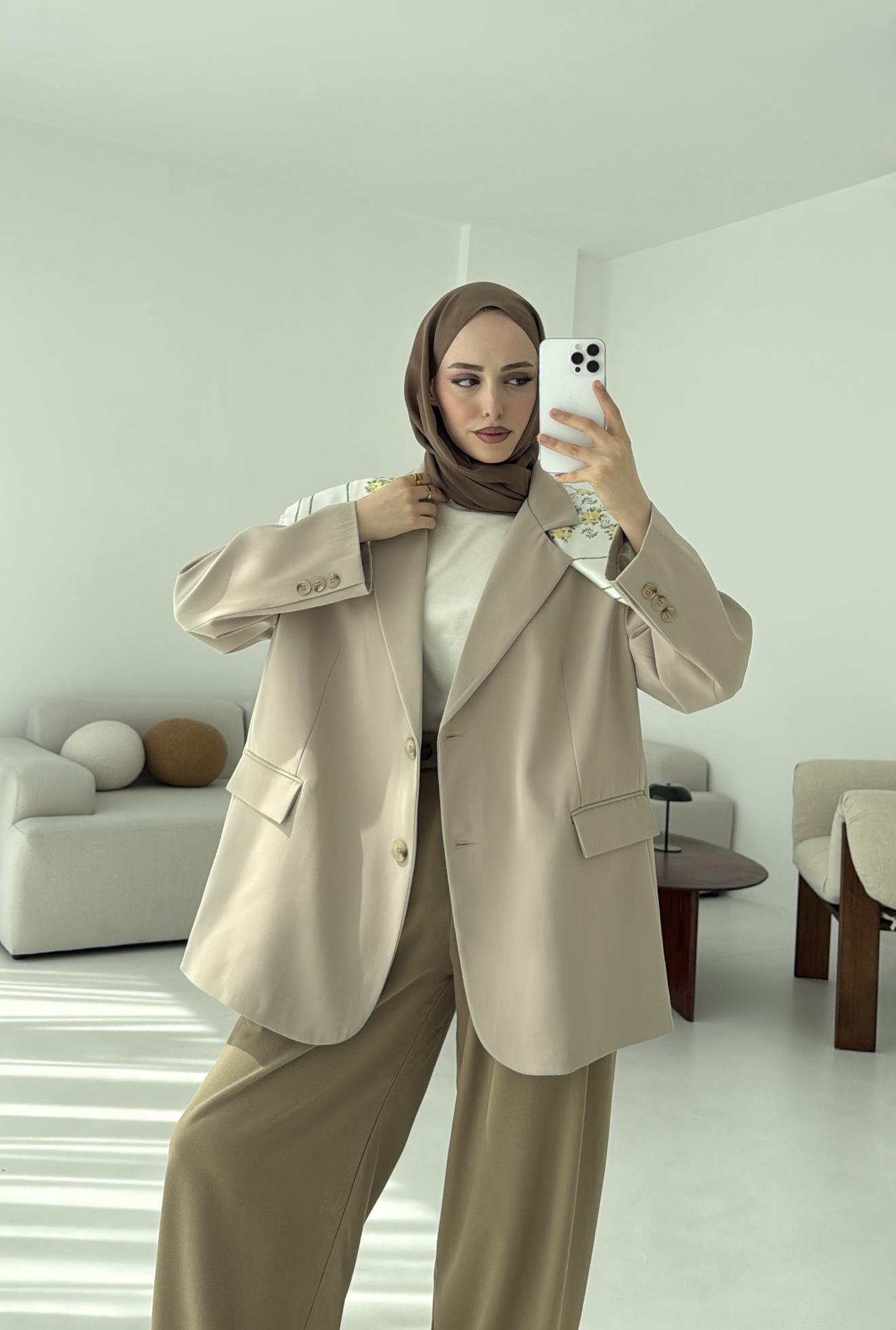 Çift Dügmeli Oversize Blazer Ceket Taş