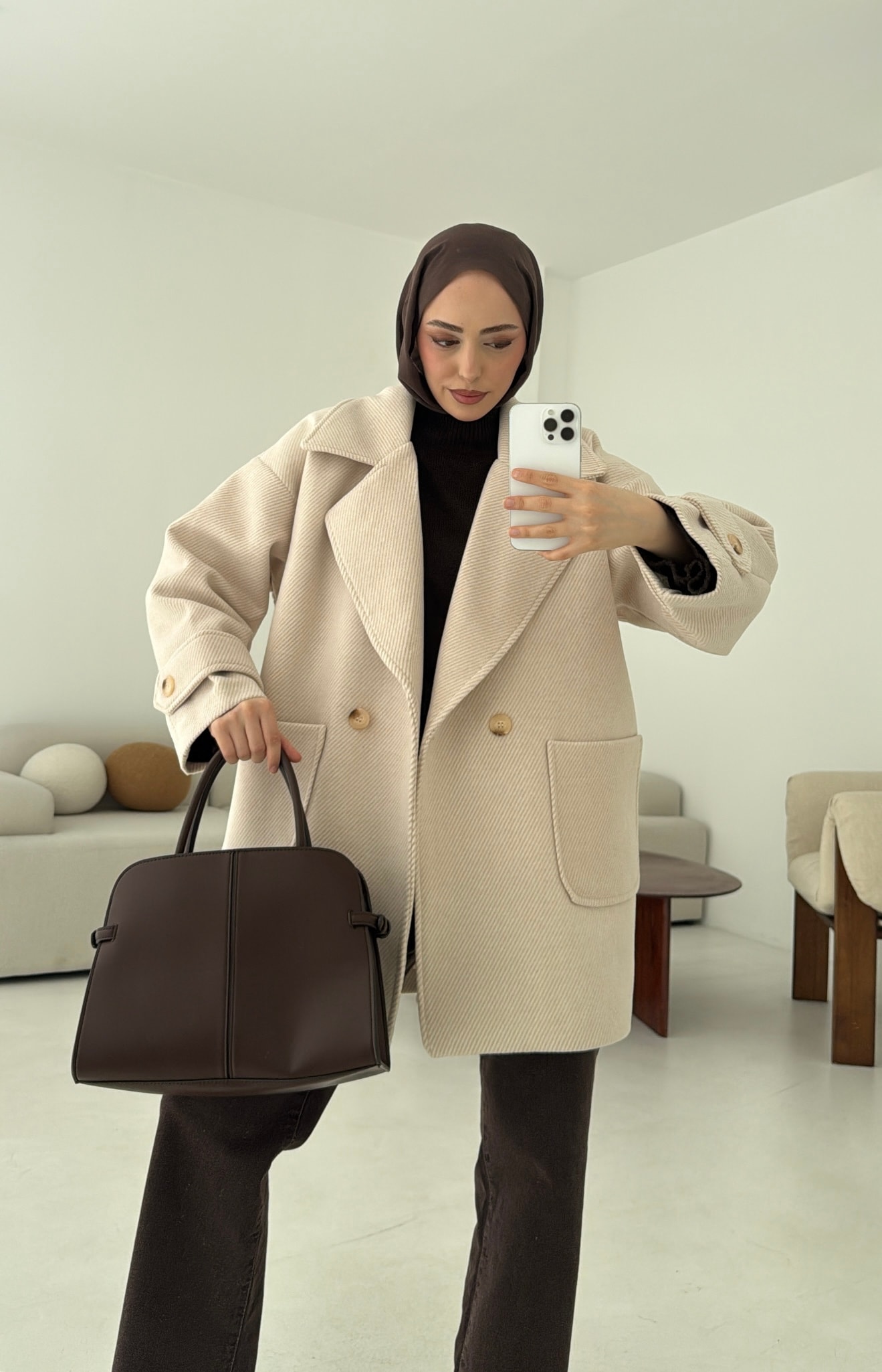 Bej Geçişli Kaşe Kaban