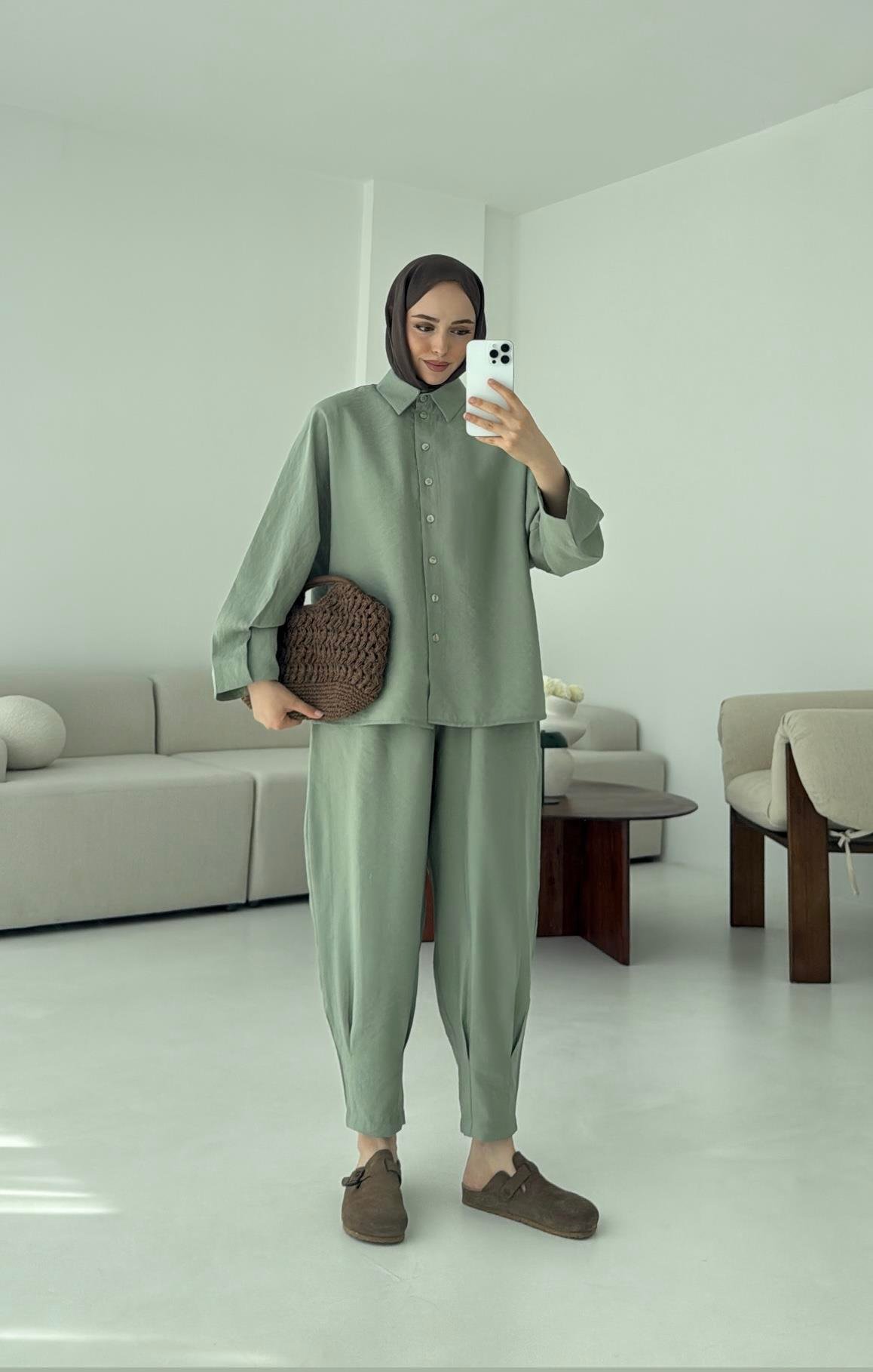 Pens Detay Tencel Takım Mint Yeşili