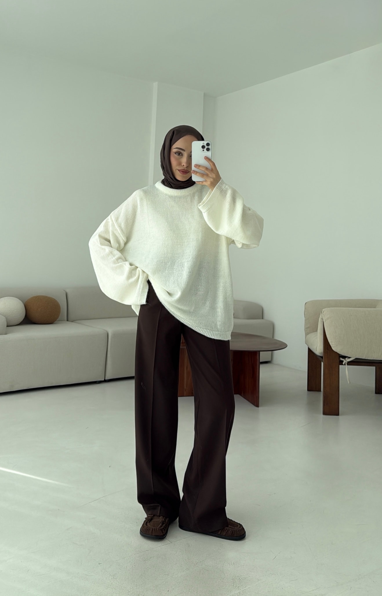 Geniş Kol Basıc Kazak Krem