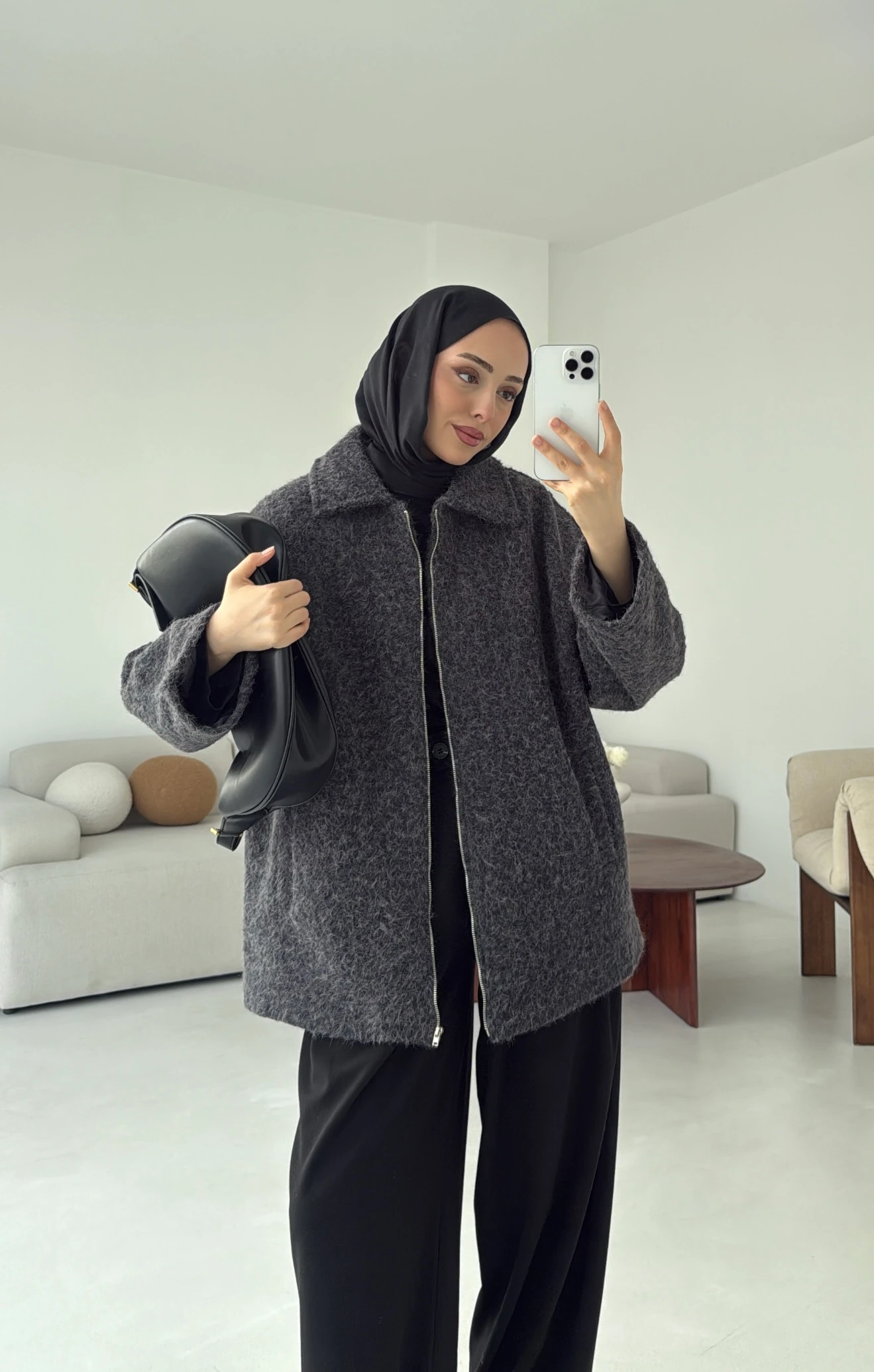 Kırçıllı Fermuarlı Kaban Antrasit