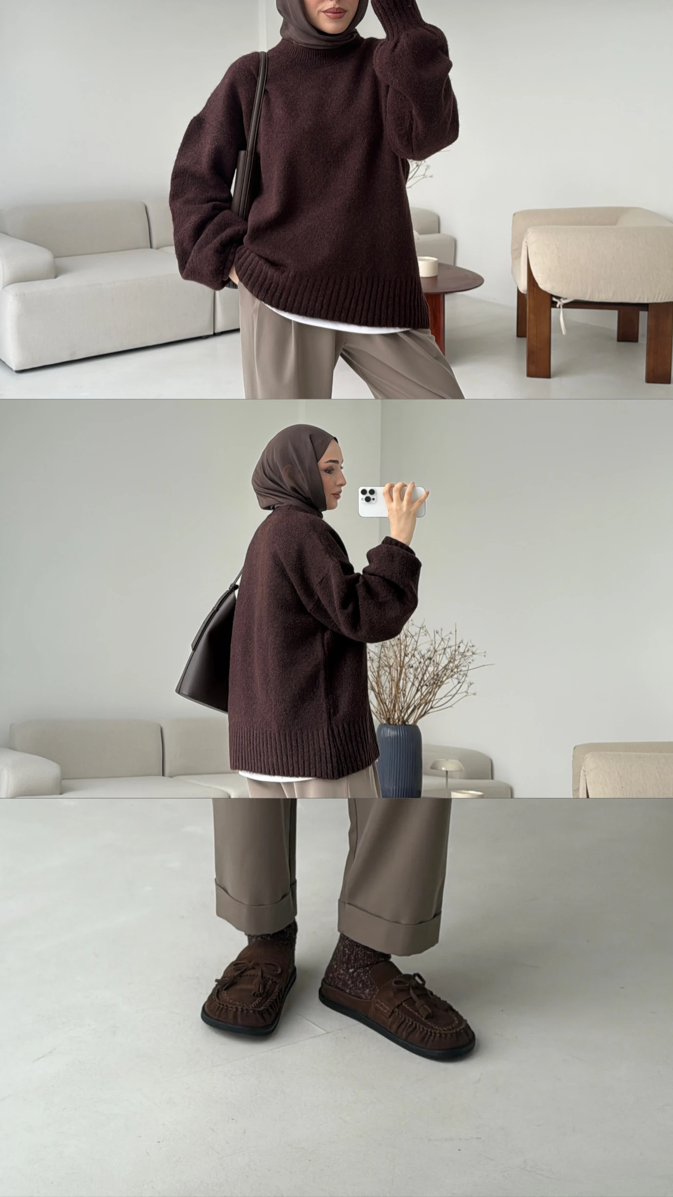 Balon Kol Yumuşak Kazak Kahve