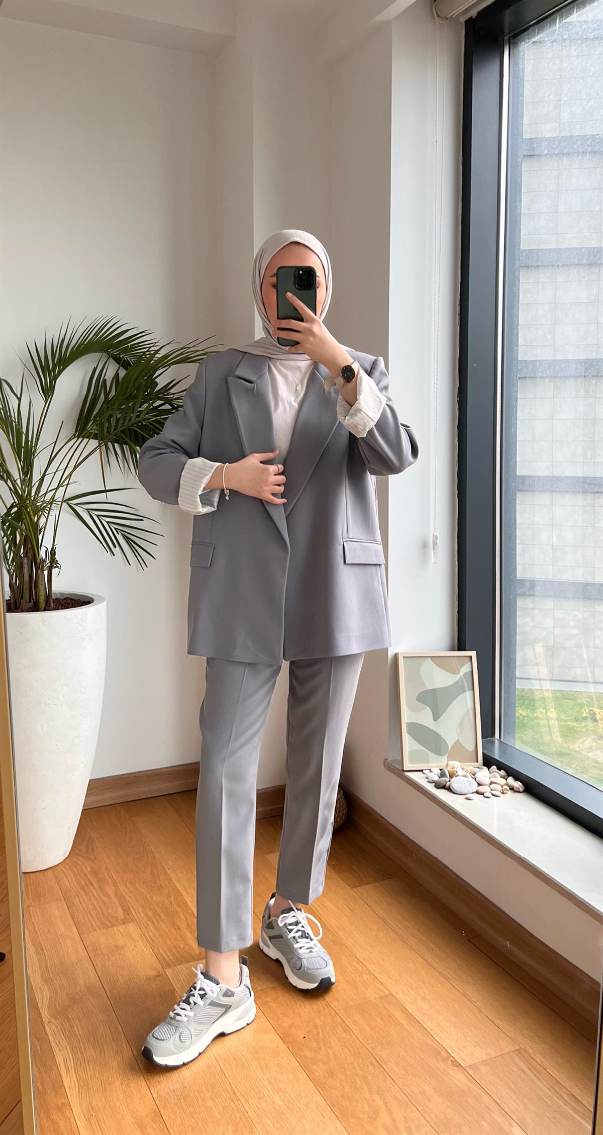 İç Astarı Çizgili Blazer Ceket Gri