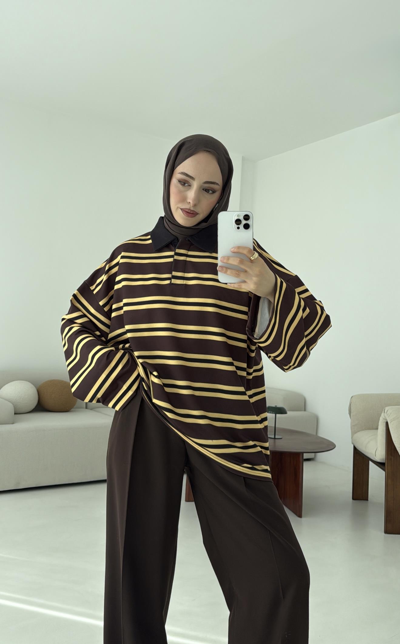 Sarı Çizgili Polo Yaka Sweatshrt