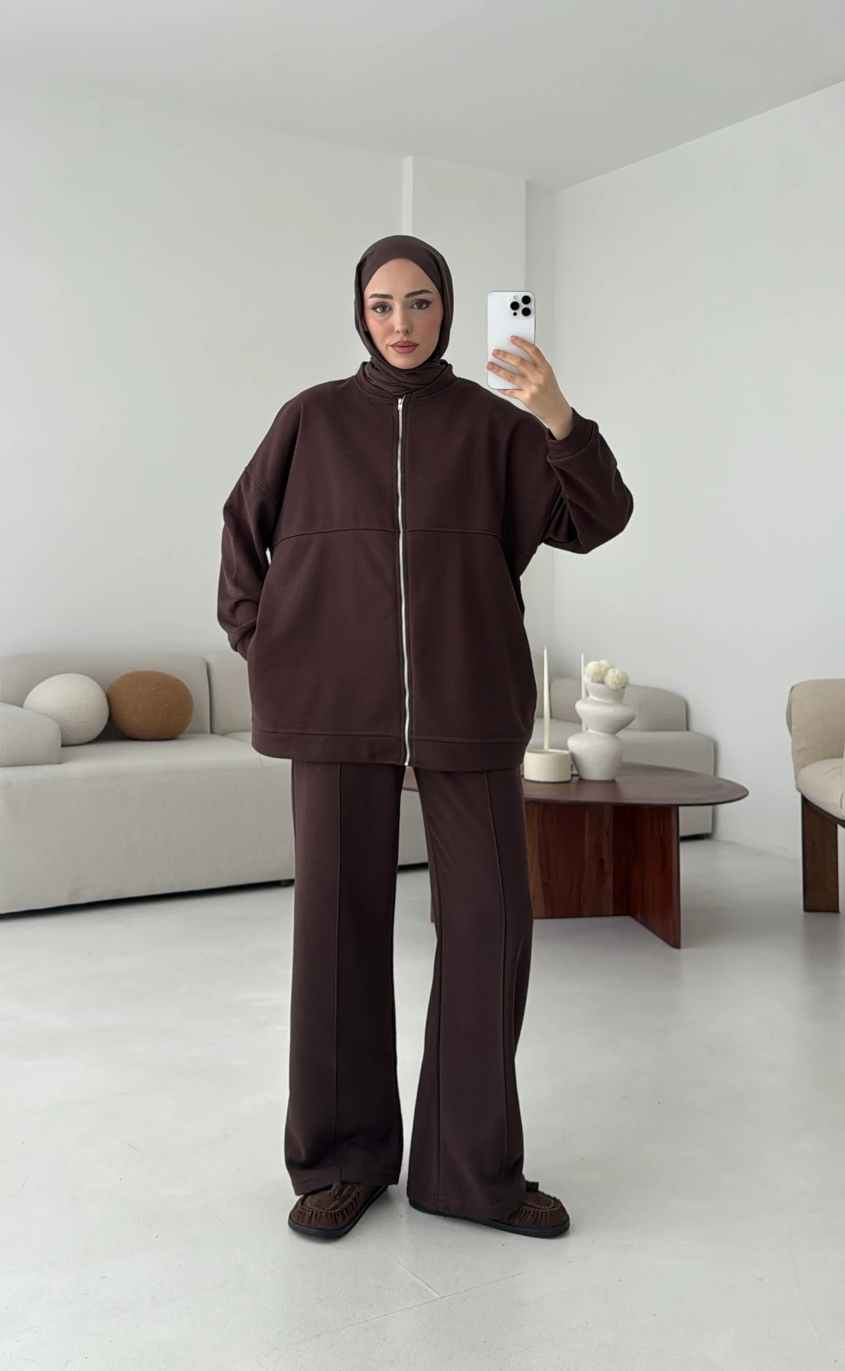 Fermuarlı 3 İplik Takım Kahve