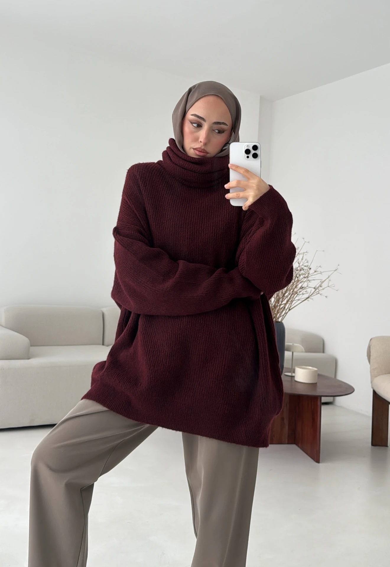 Balıkçı Yaka Oversizse Triko Kazak Bordo