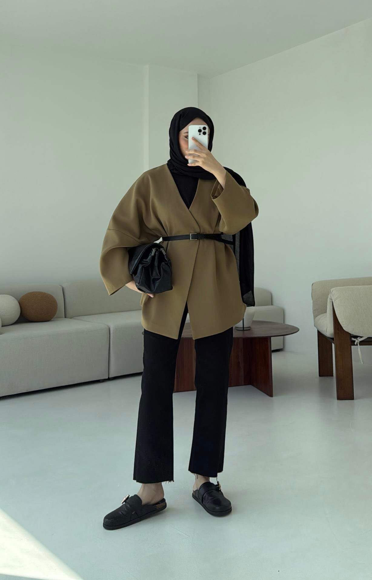 Deri Kemer Detay Oversize Ceket Olive